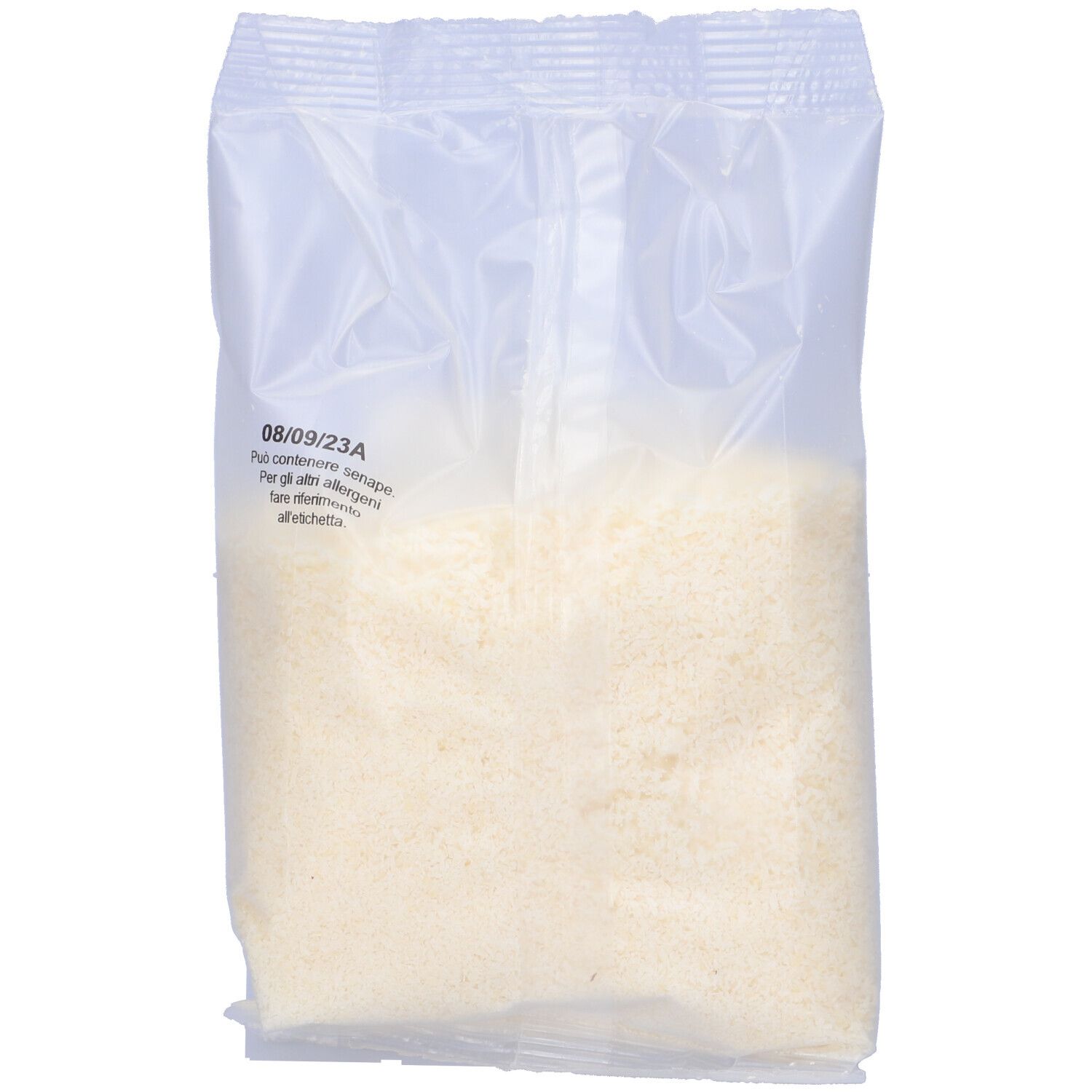Confezione trasparente con cocco grattugiato. Scritta: data di scadenza, senza allergeni.