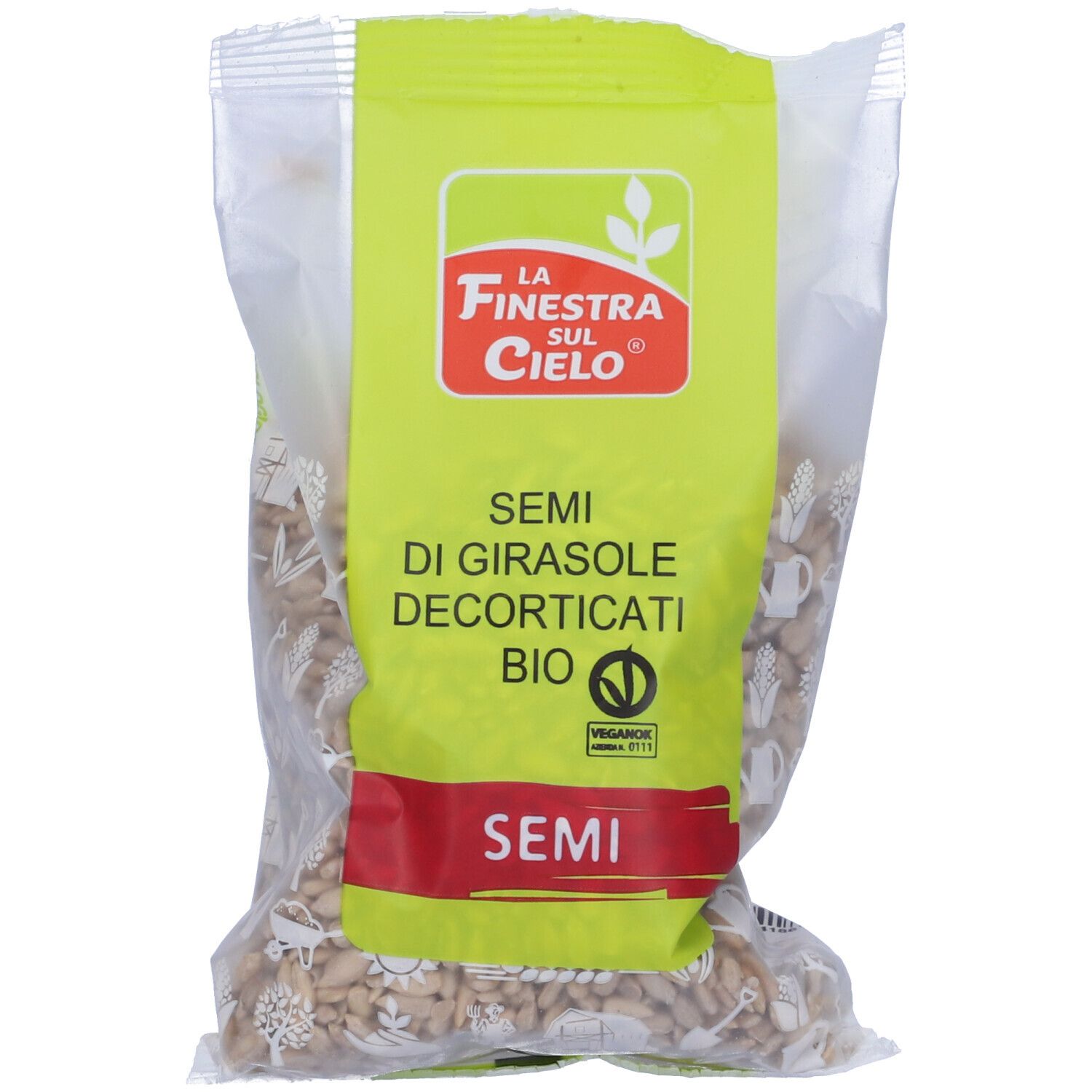 Busta trasparente di semi di girasole. Etichetta verde e rossa con logo e testo: Semi Di Girasole Decorticati Bio. Certificazione bio.