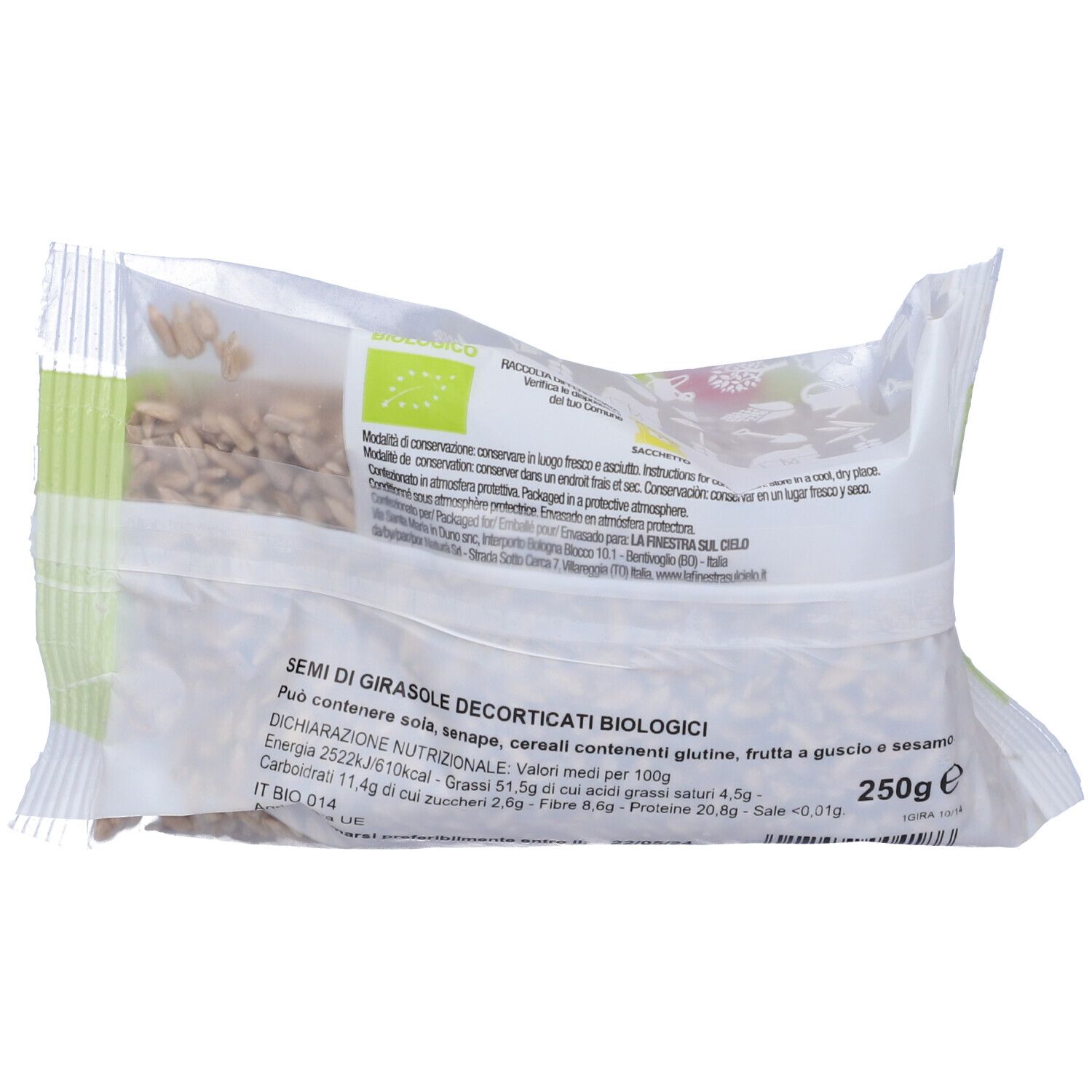 Retro della confezione con testo: Semi Di Girasole Decorticati Biologici. Informazioni nutrizionali e certificazione bio. 250g.