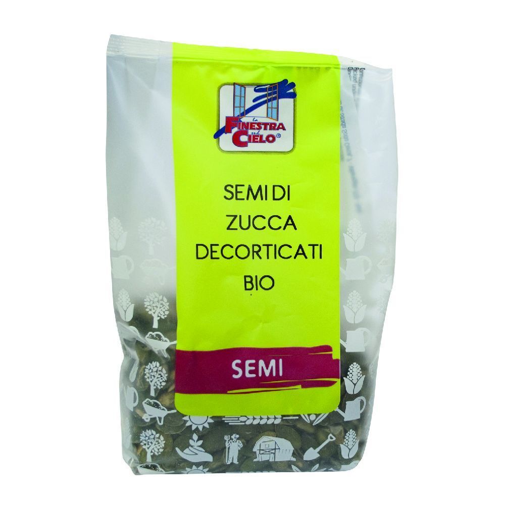 Confezione di semi di zucca. Scritta: Semi di Zucca Decorticati Bio. Marchio: La Finestra sul Cielo.