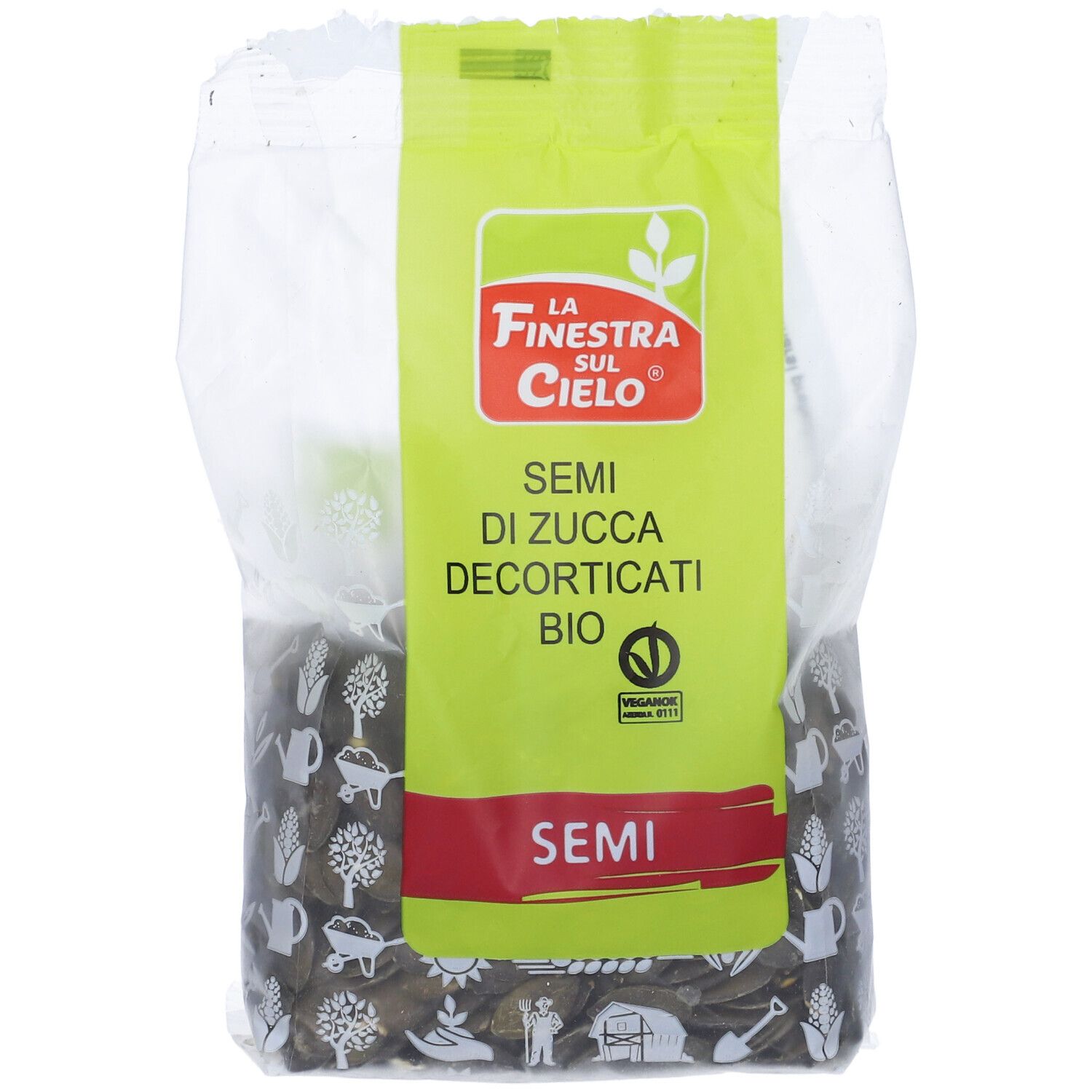 Confezione di semi di zucca. Scritta: Semi di Zucca Decorticati Bio. Marchio: La Finestra sul Cielo.