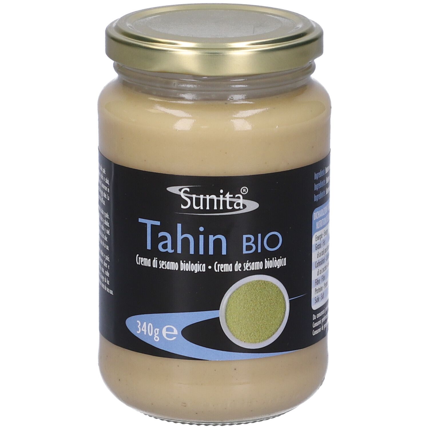 Vasetto di Tahin Bio. Etichetta nera con nome, logo e 340g.