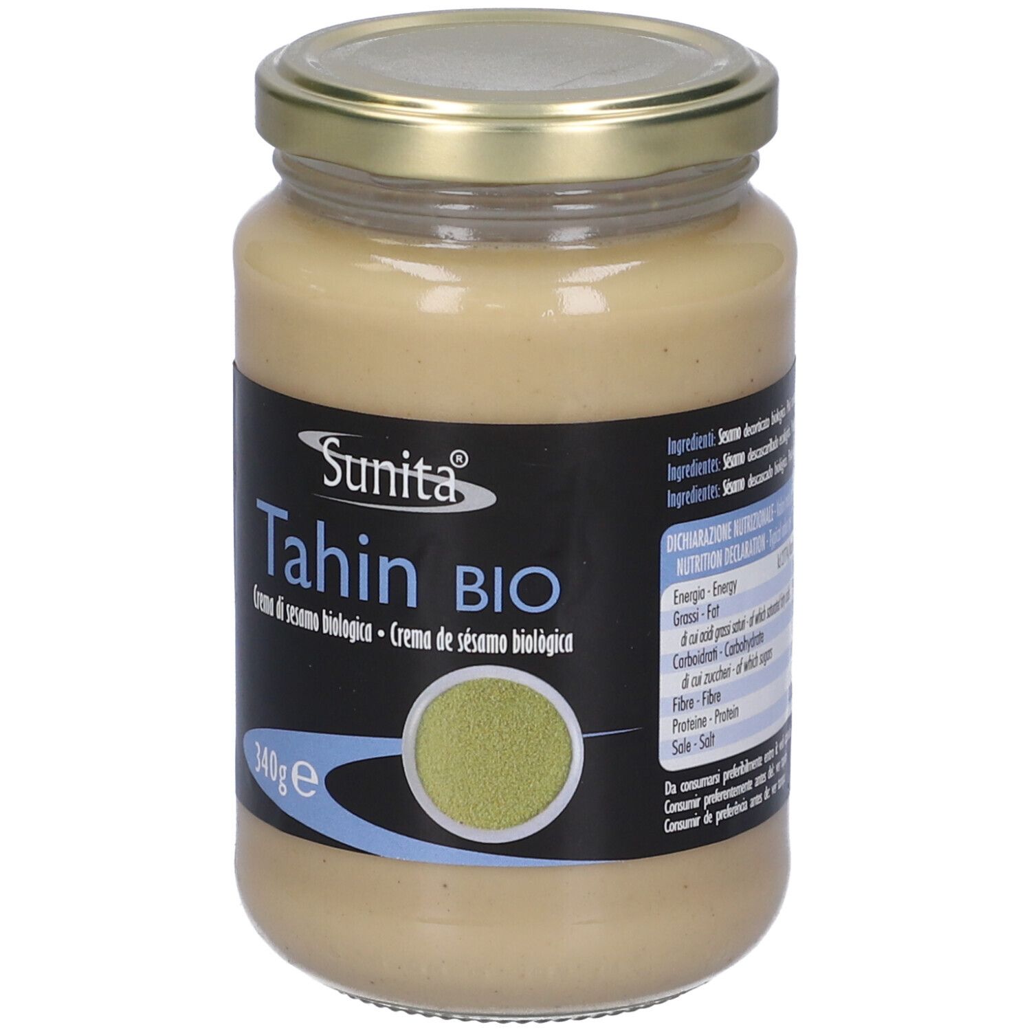Vasetto di Tahin Bio. Etichetta nera con nome, logo, 340g e informazioni nutrizionali.