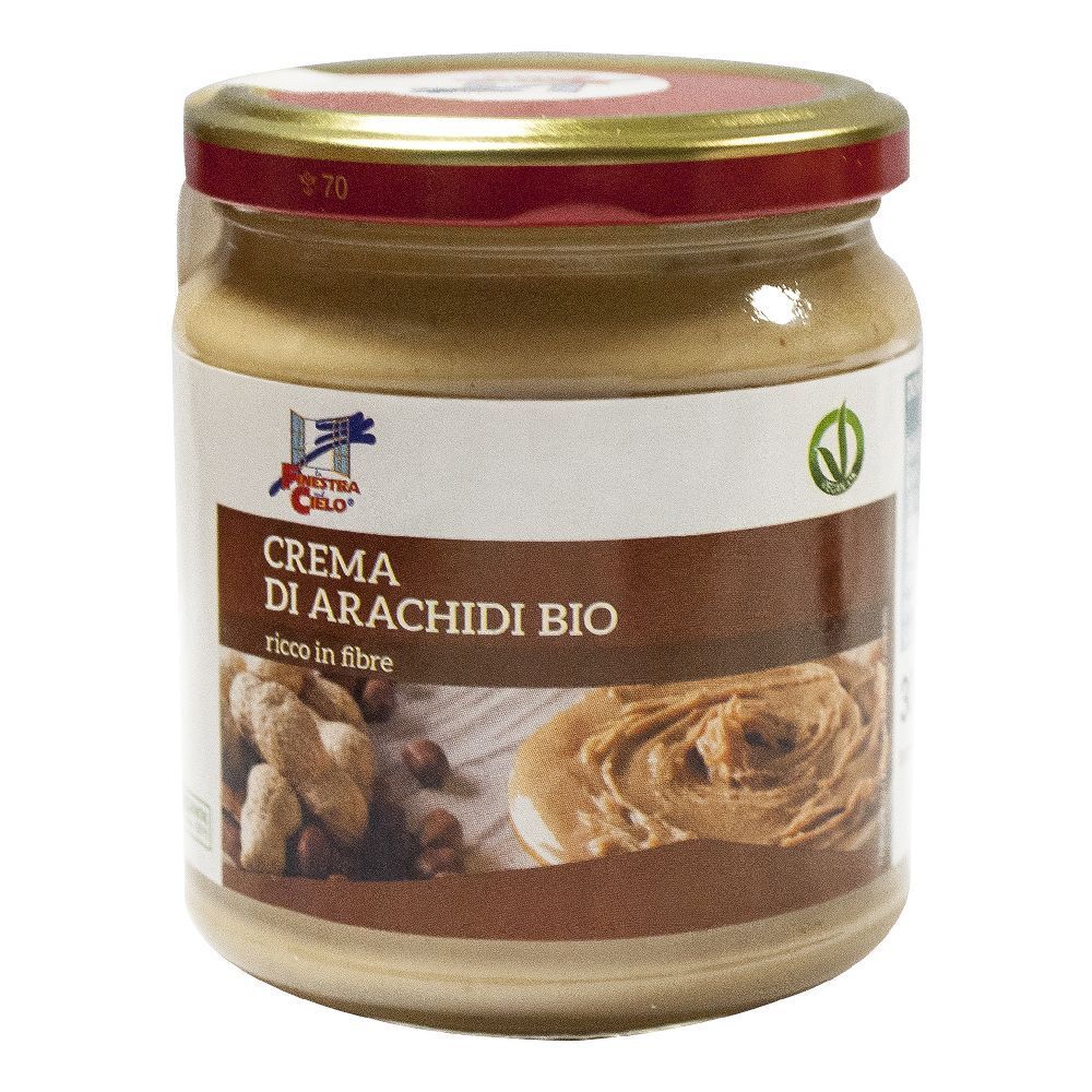 Vaso di crema di arachidi. L'etichetta recita "Crema di Arachidi BIO".