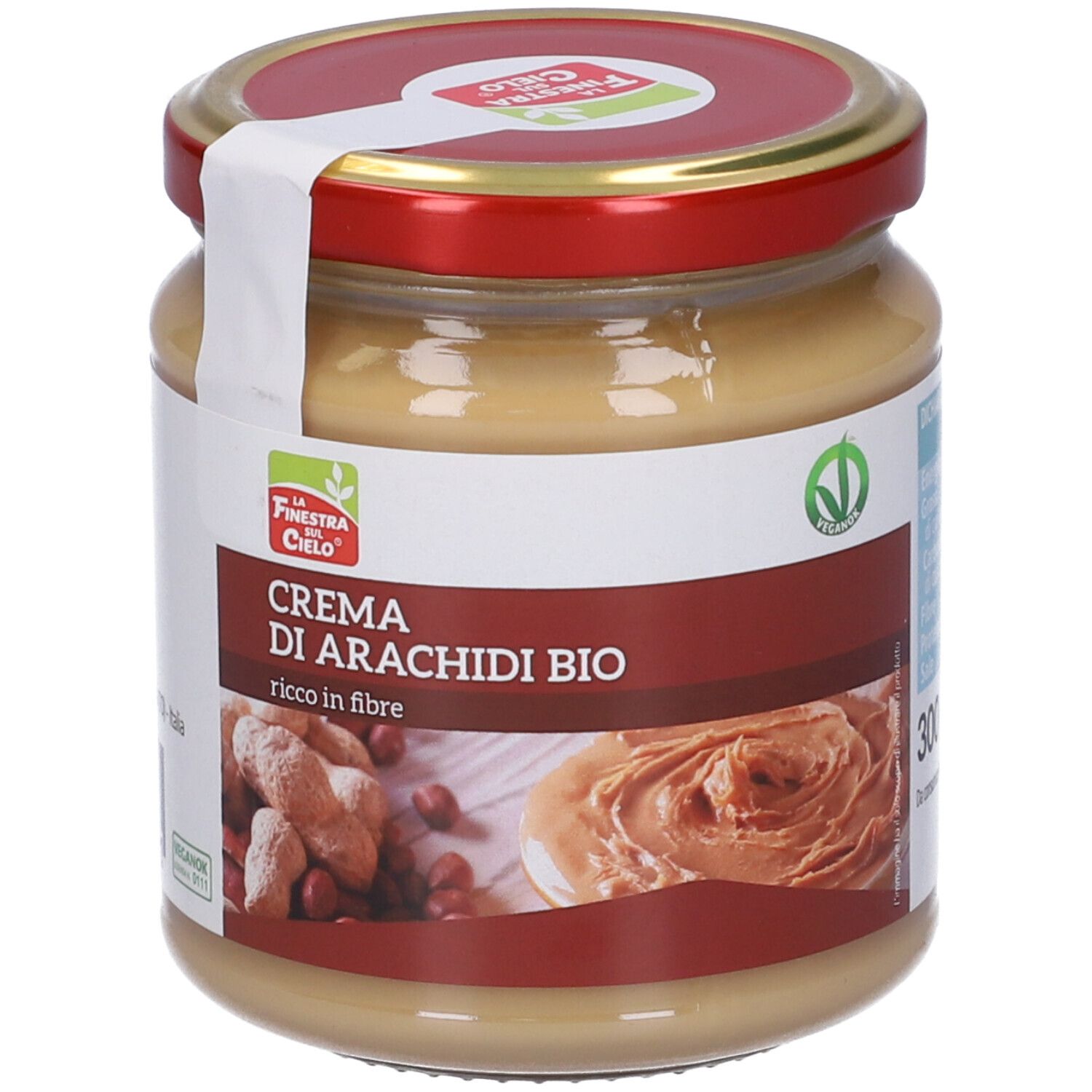 Vaso di crema di arachidi, coperchio rosso. Etichetta "Crema di Arachidi BIO".