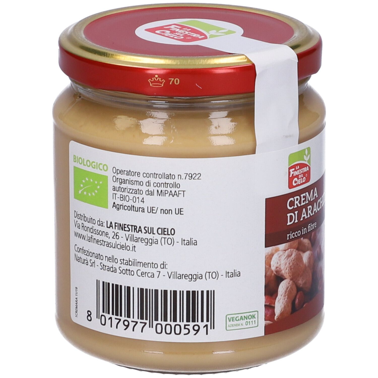 Retro del barattolo di crema di arachidi. Testo con informazioni e codice a barre.