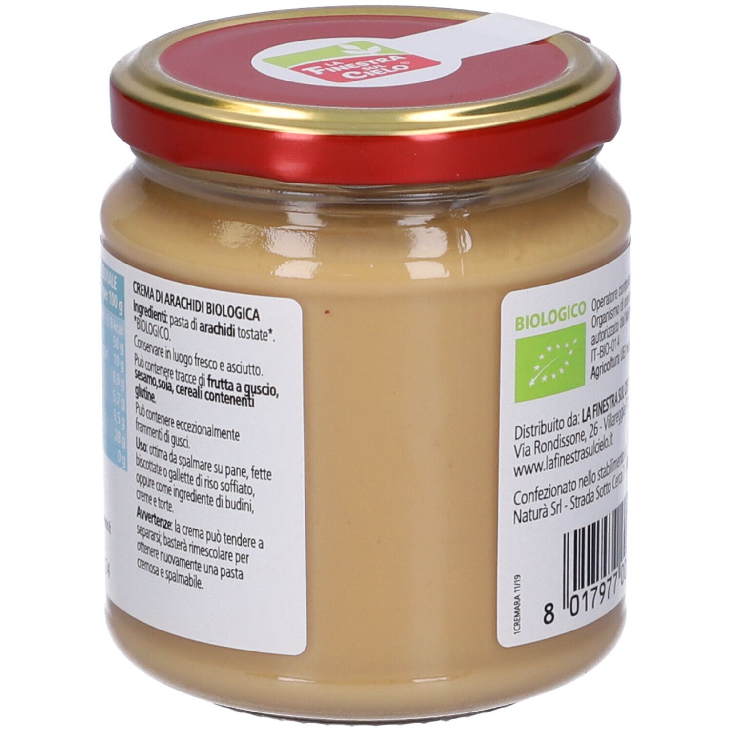 Vaso di crema di arachidi, retro. Testo con ingredienti e avvertenze.