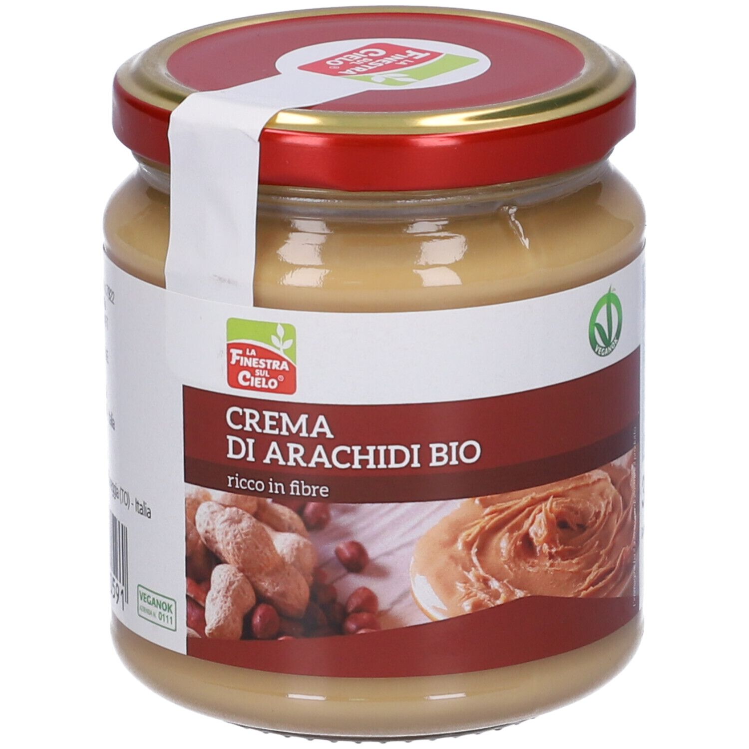 Vaso di crema di arachidi. Etichetta "Crema di Arachidi BIO" e sigillo vegano.