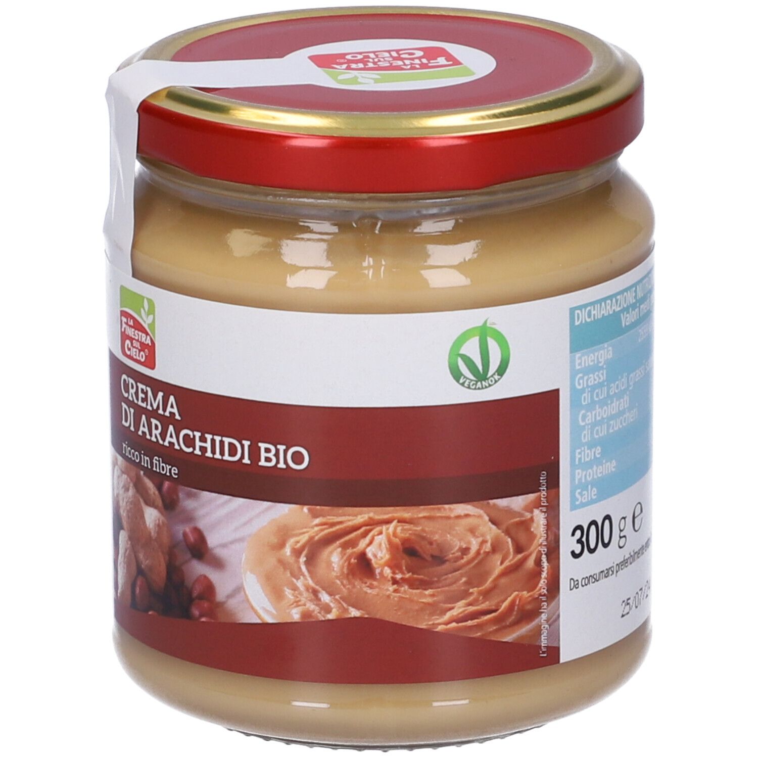 Vaso di crema di arachidi. Etichetta "Crema di Arachidi BIO" e informazioni nutrizionali.