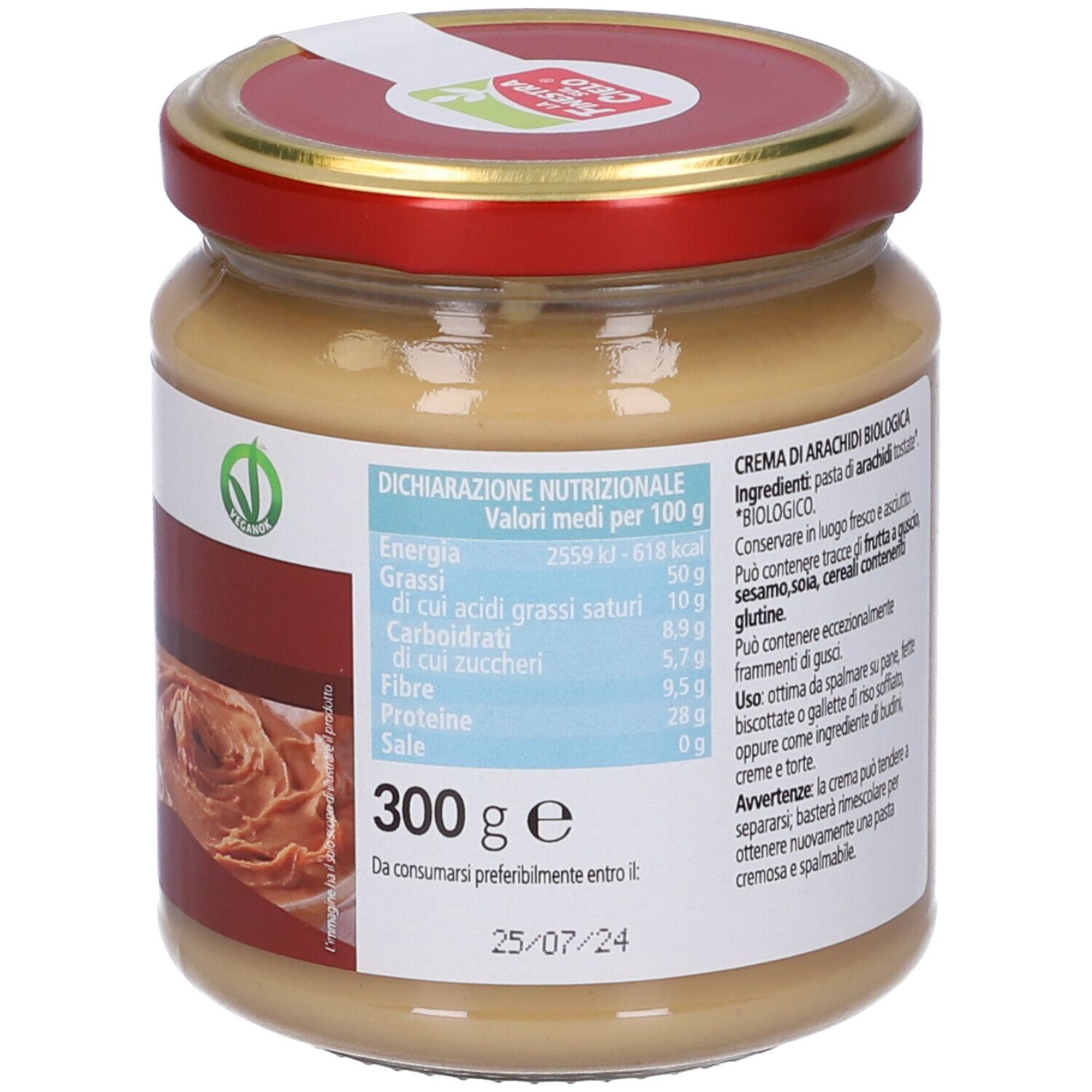 Vaso di crema di arachidi. Etichetta con informazioni nutrizionali e scadenza.