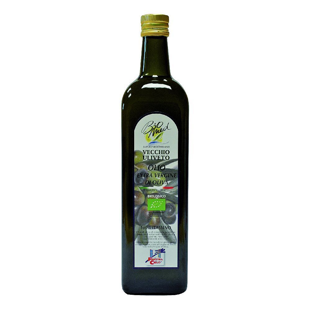 Bottiglia di vetro verde di olio d'oliva. Etichetta con testo e marchio biologico. Tappo dorato. Scritta: Vecchio Uliveto.