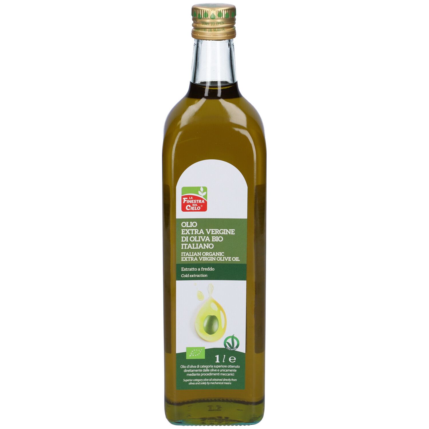 Bottiglia di vetro di olio d'oliva. Etichetta con testo e marchio biologico. Tappo dorato. Scritta: Olio Extra Vergine di Oliva Bio Italiano.