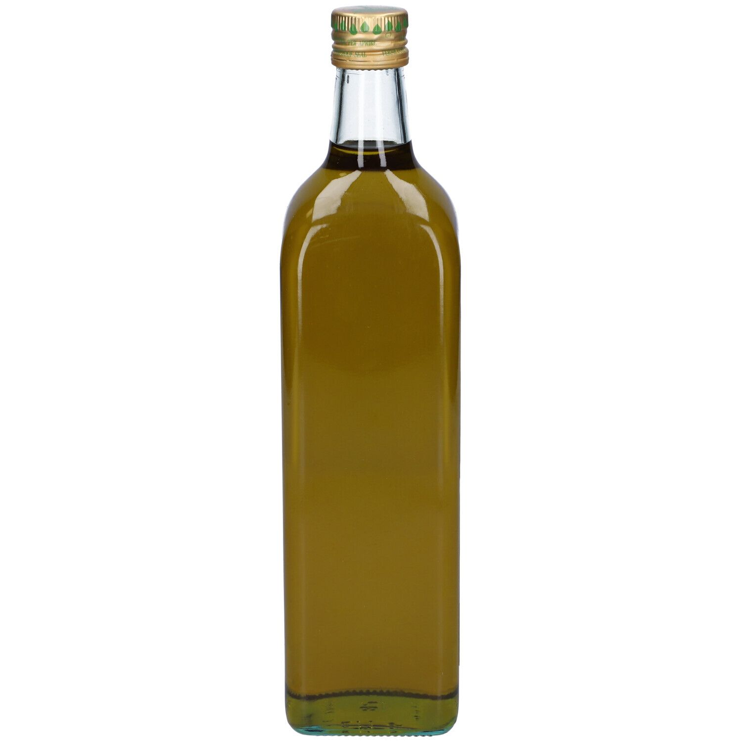 Bottiglia di vetro verde di olio d'oliva. Tappo dorato. Scritta: Olio Extra Vergine di Oliva Bio Italiano. Retro con informazioni nutrizionali.