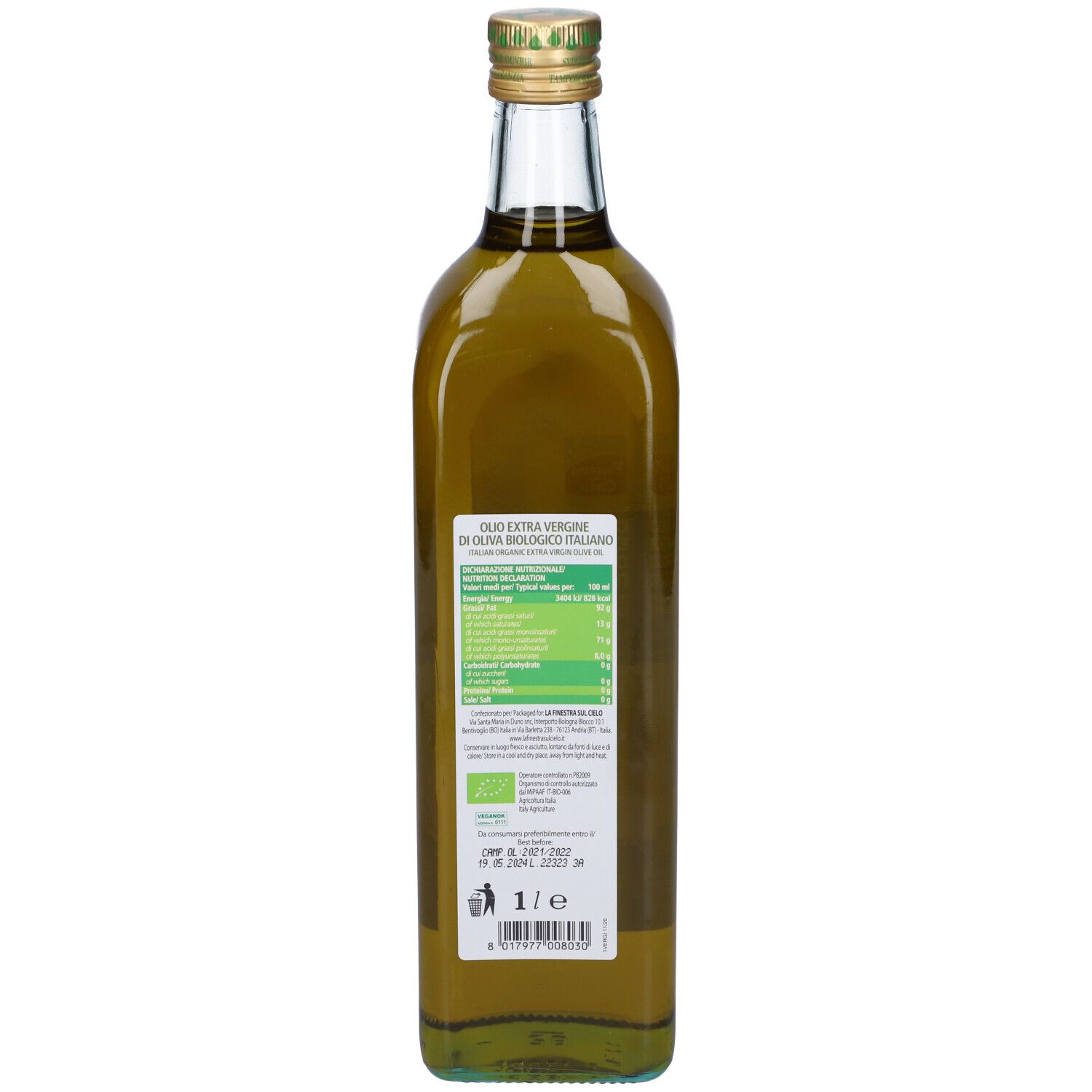 Bottiglia di vetro di olio d'oliva. Etichetta con testo e marchio biologico. Tappo dorato. Scritta: Olio Extra Vergine di Oliva Bio Italiano.