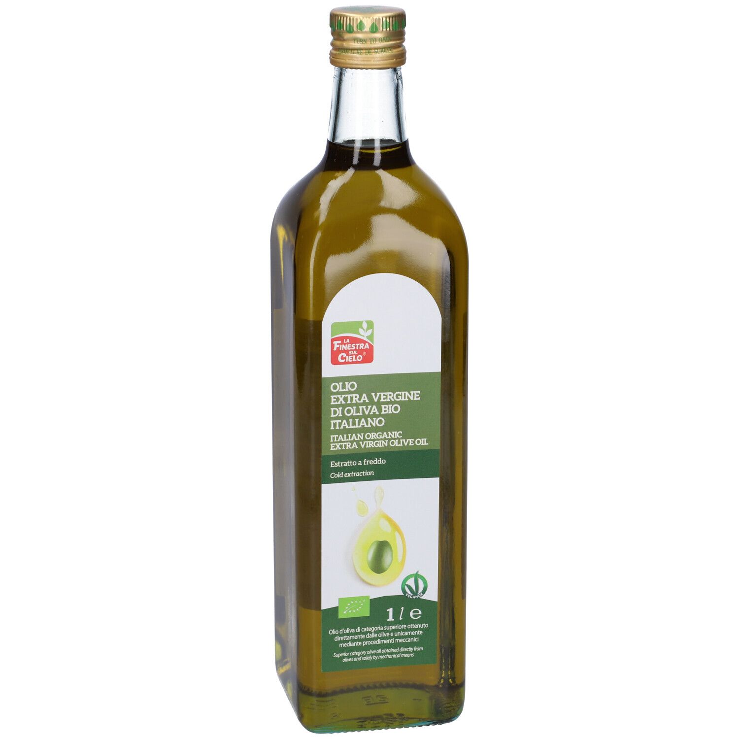 Bottiglia di vetro verde di olio d'oliva. Tappo dorato. Scritta: Olio Extra Vergine di Oliva Bio Italiano.