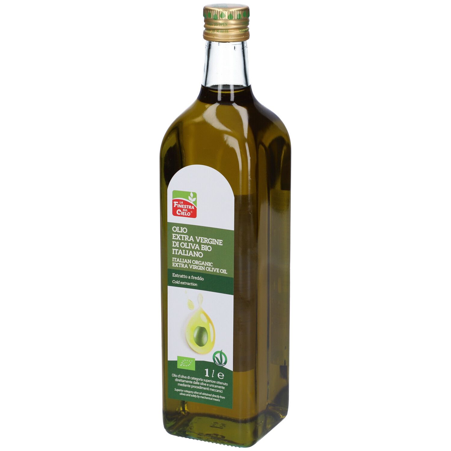 Bottiglia di vetro di olio d'oliva. Etichetta con testo e marchio biologico. Tappo dorato. Scritta: Olio Extra Vergine di Oliva Bio Italiano.