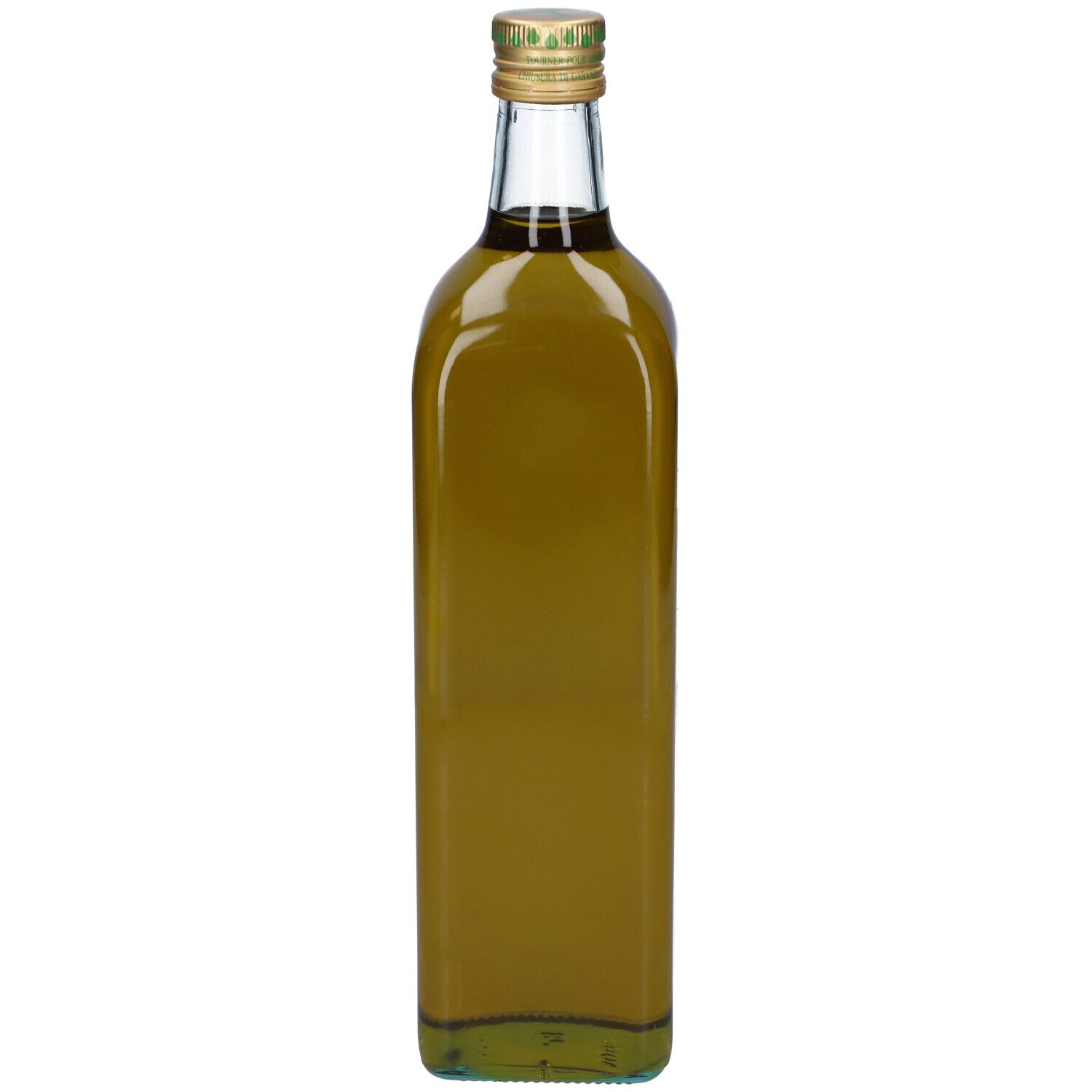 Bottiglia di vetro verde di olio d'oliva. Tappo dorato. Scritta: Olio Extra Vergine di Oliva Bio Italiano.