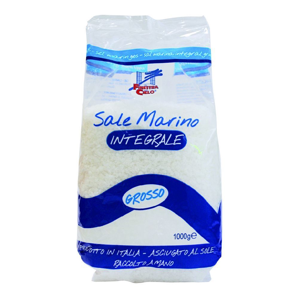 Sacchetto di sale marino grosso. Confezione blu e bianca. Testo: Sale Marino Integrale Grosso, 1000g.