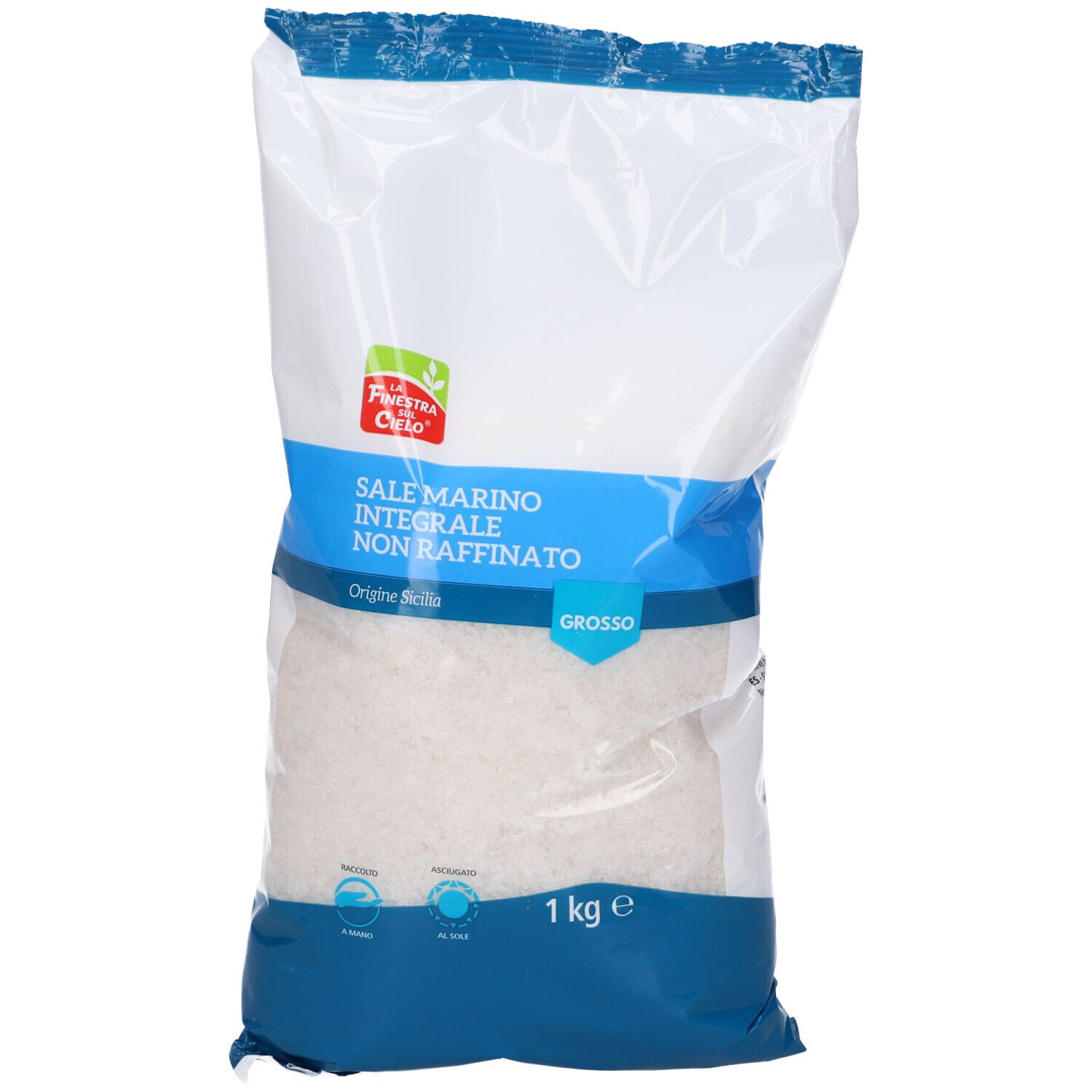 Sacchetto di sale marino grosso. Confezione blu e bianca. Testo: Sale Marino Integrale Non Raffinato, 1 kg.