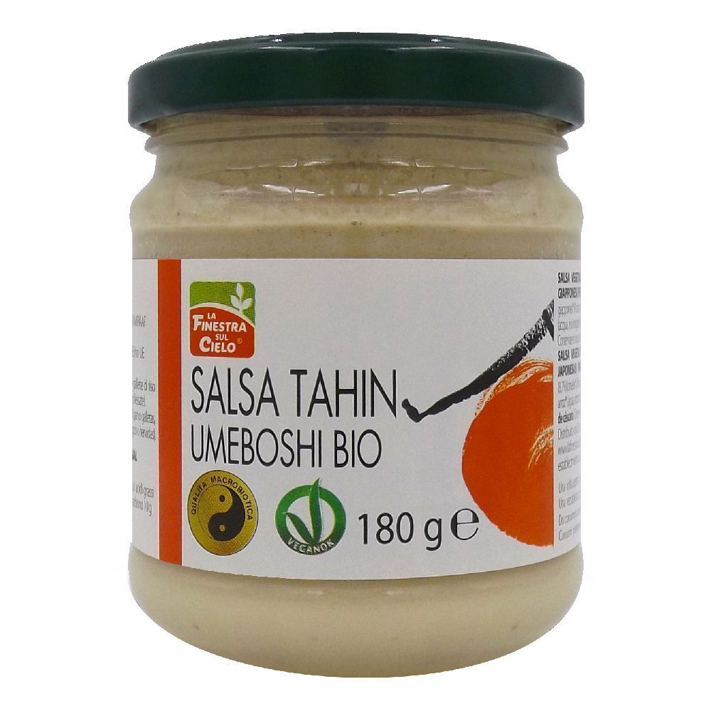 Vasetto di Salsa Tahin Umeboshi Bio. Prodotto bianco con etichetta, coperchio verde. Scritta: Salsa Tahin Umeboshi Bio, 180 g, logo vegano.