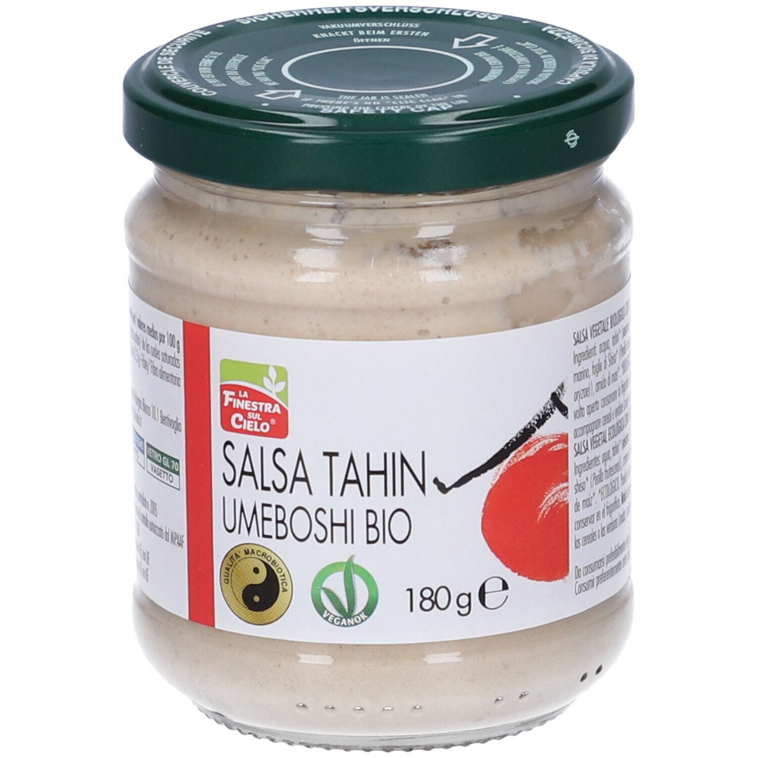 Vasetto Salsa Tahin Umeboshi Bio. Coperchio verde, etichetta bianca. Scritta: Salsa Tahin Umeboshi Bio, 180 g, logo vegano. Vista del prodotto.