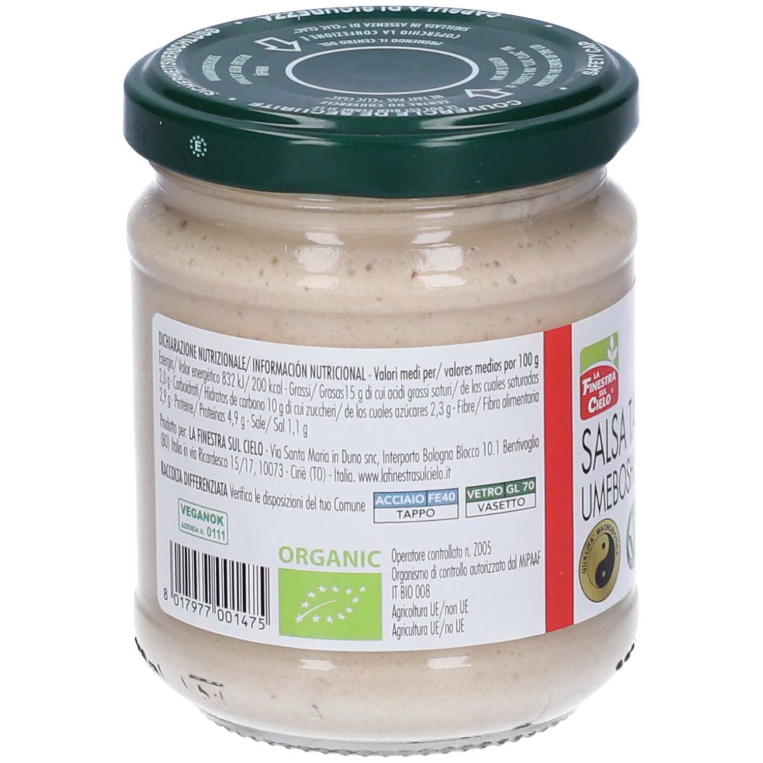 Vasetto Salsa Tahin Umeboshi Bio. Retro con informazioni nutrizionali e lista ingredienti. Sigillo bio e logo vegano. Coperchio verde.
