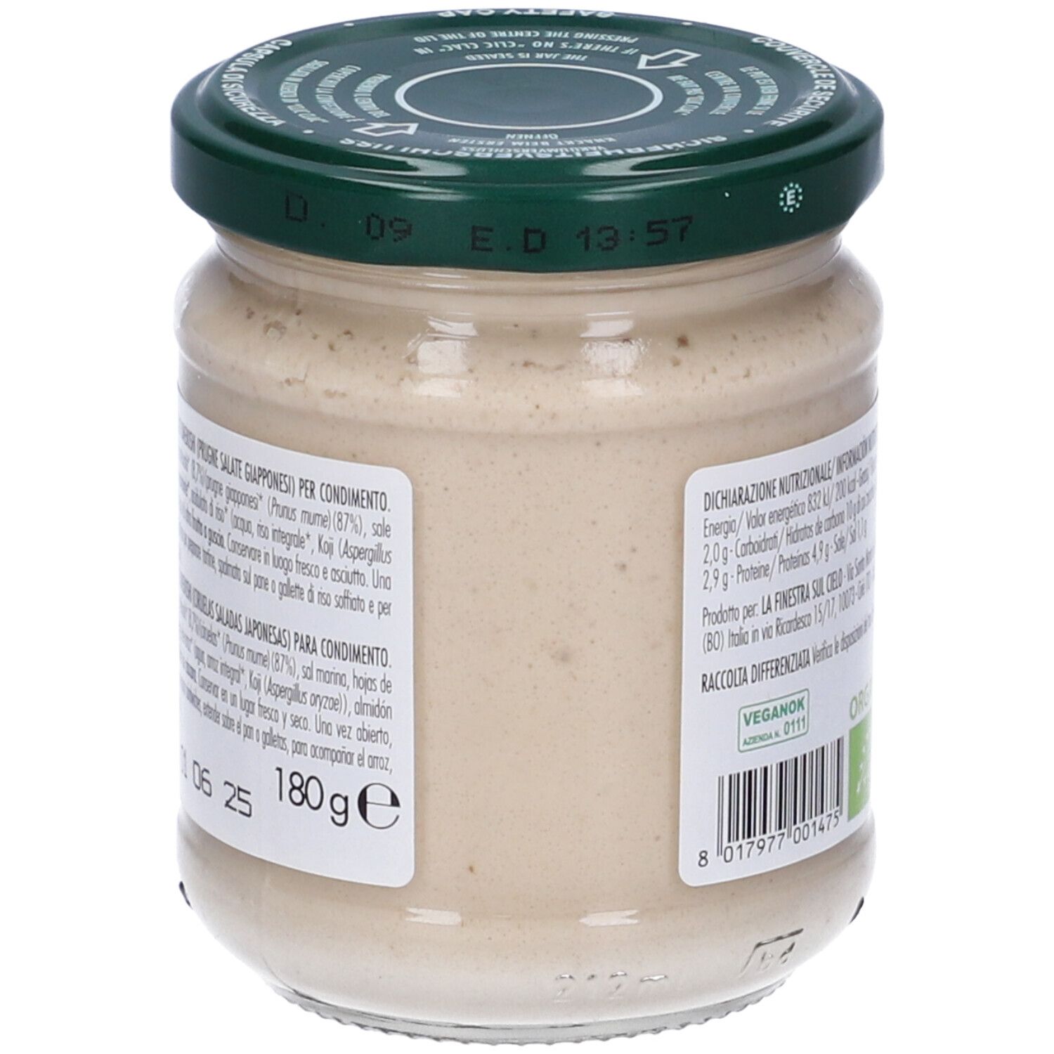 Vasetto Salsa Tahin Umeboshi Bio. Retro con lista ingredienti e data di scadenza. Coperchio verde. 180g.