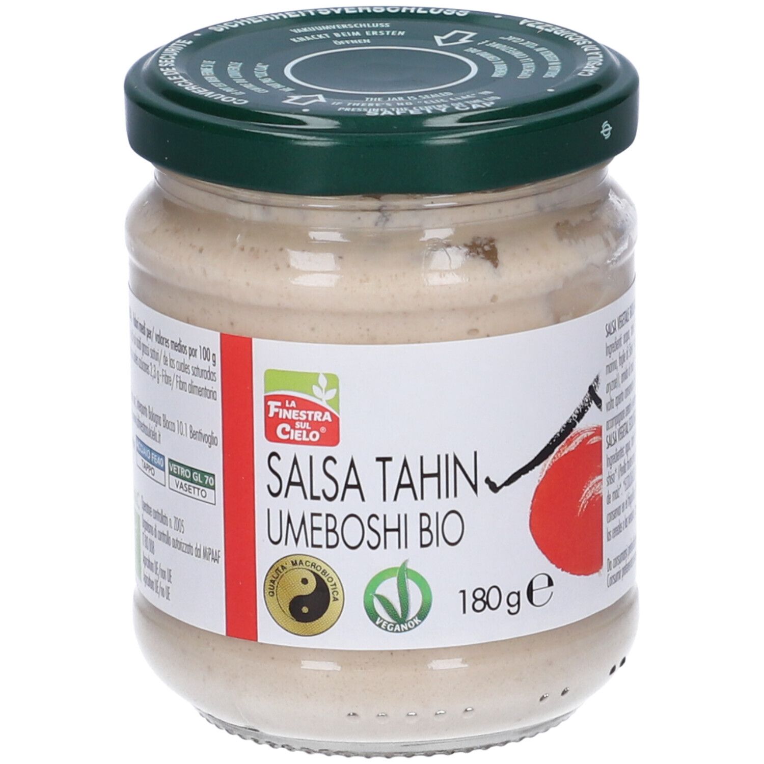 Vasetto Salsa Tahin Umeboshi Bio. Coperchio verde, etichetta bianca. Scritta: Salsa Tahin Umeboshi Bio, 180 g, logo vegano. Vista del prodotto.