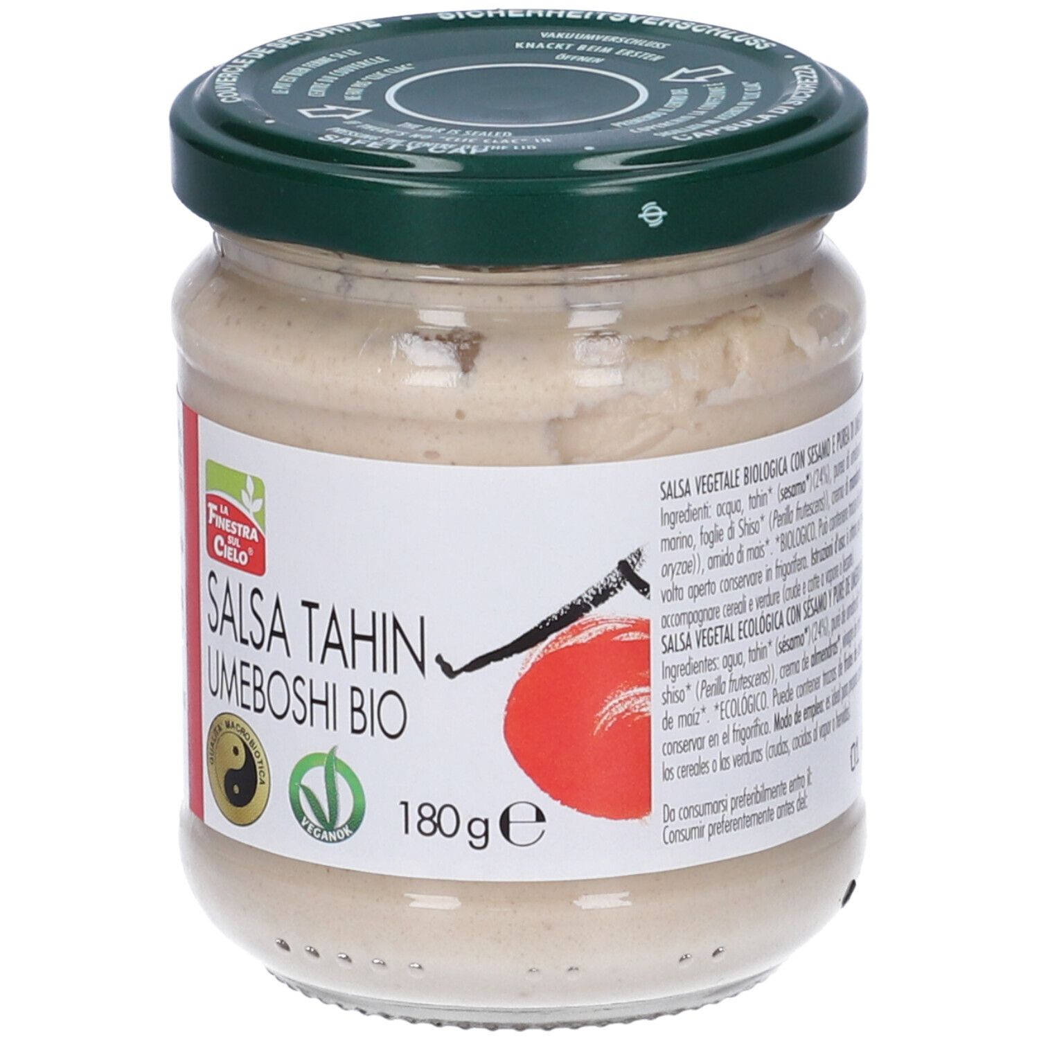 Vasetto Salsa Tahin Umeboshi Bio. Coperchio verde, etichetta bianca. Scritta: Salsa Tahin Umeboshi Bio, 180 g, logo vegano. Vista del prodotto.