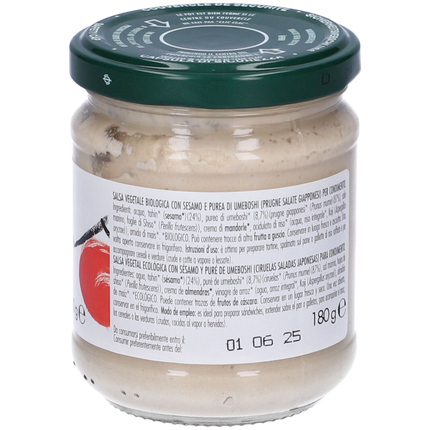 Vasetto Salsa Tahin Umeboshi Bio. Retro con lista ingredienti e data di scadenza. Coperchio verde. 180g.