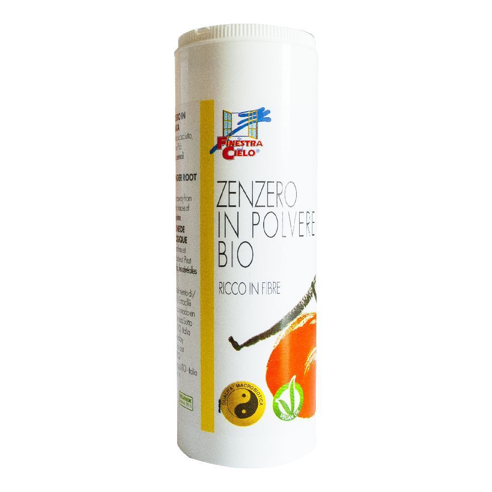 Barattolo cilindrico Zenzero In Polvere Bio. Striscia gialla con testo. Logo: La Finestra sul Cielo.