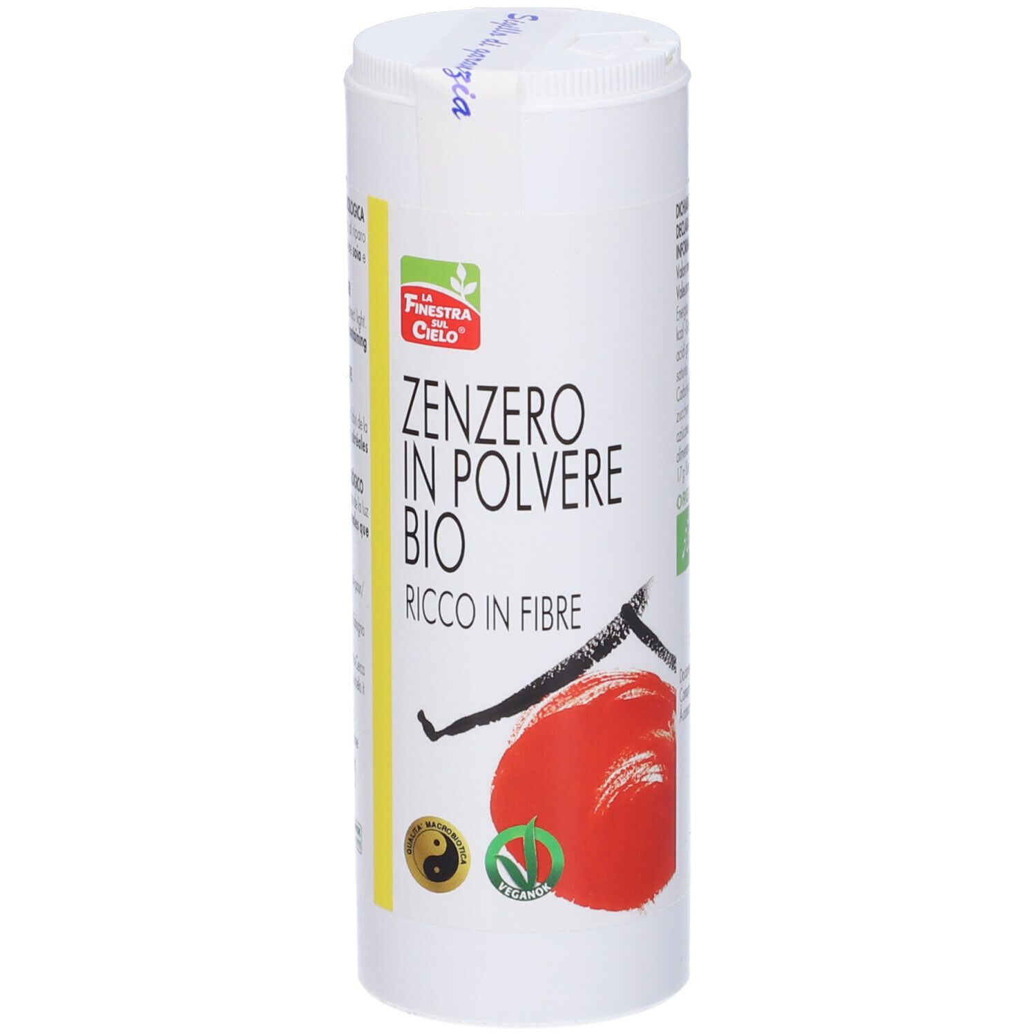 Barattolo cilindrico Zenzero In Polvere Bio. Logo: La Finestra sul Cielo. Illustrazione: zenzero e vaniglia.