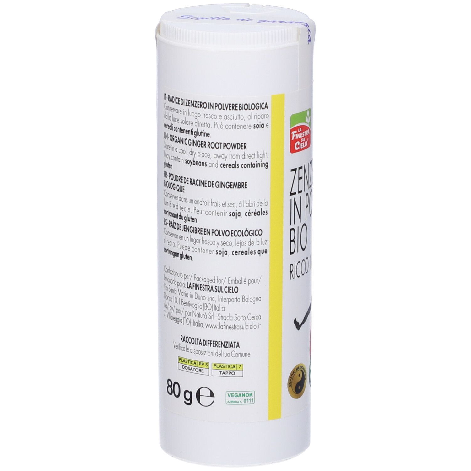 Barattolo cilindrico Zenzero In Polvere Bio. Retro con testo. Logo: La Finestra sul Cielo. 80 g.