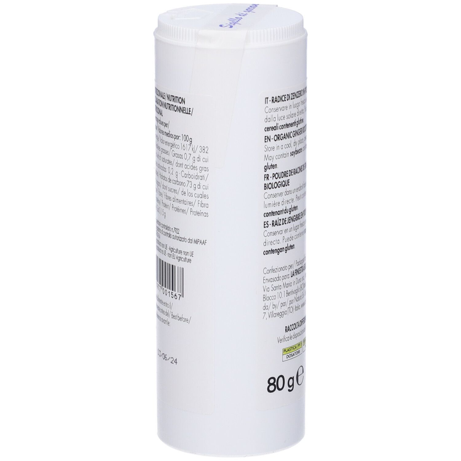 Barattolo cilindrico Zenzero In Polvere Bio. Retro con testo e valori nutrizionali. 80 g.