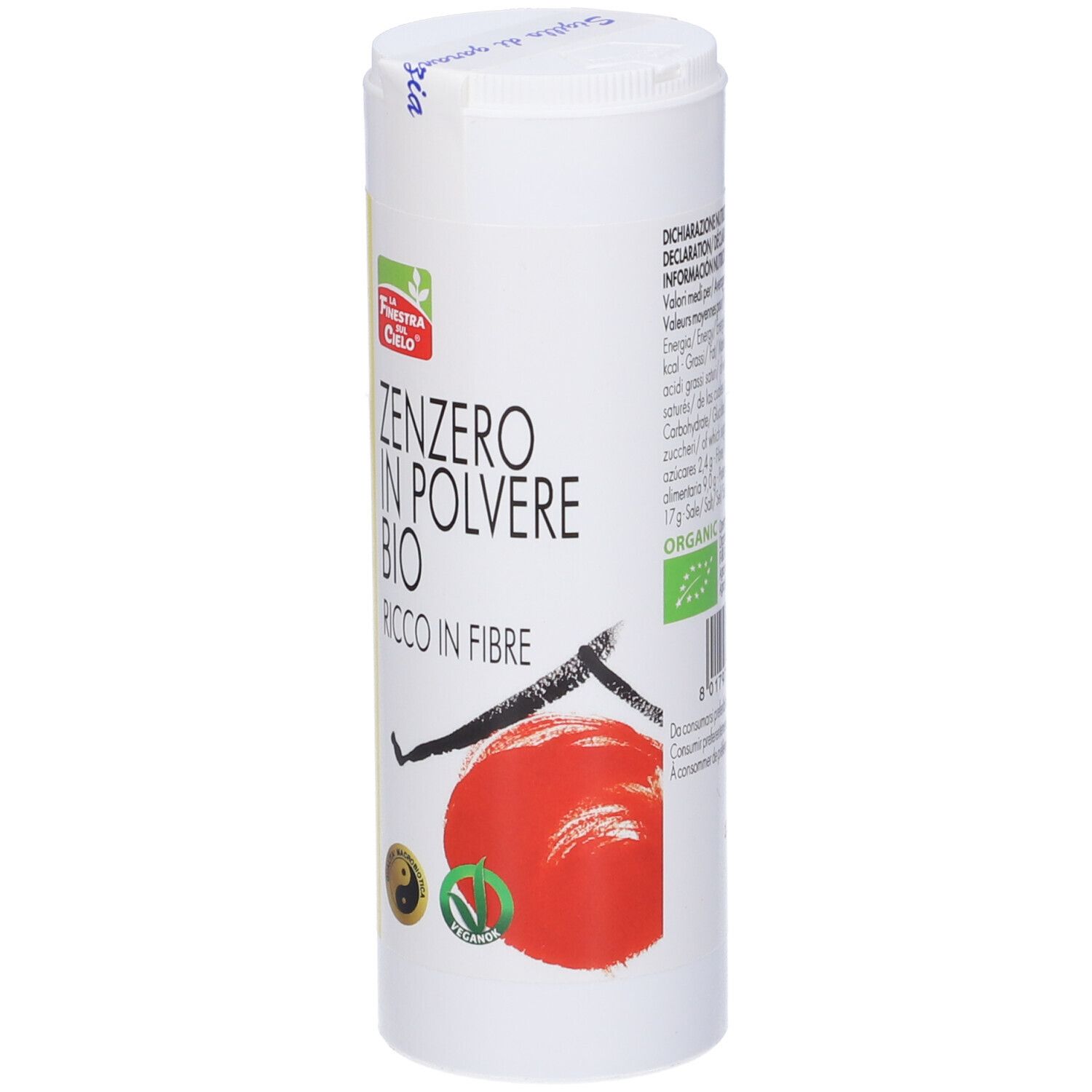 Barattolo cilindrico Zenzero In Polvere Bio. Logo: La Finestra sul Cielo. Illustrazione: zenzero e vaniglia. Sigillo vegano.