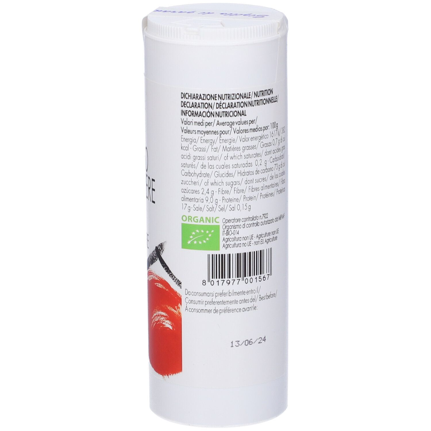Barattolo cilindrico Zenzero In Polvere Bio. Retro con testo, valori nutrizionali e sigillo bio. 80 g.
