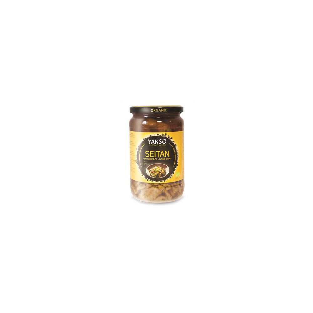 Vasetto di Yakso Seitan Bio. Etichetta con informazioni sul prodotto. Visibile: Seitan, Organic.