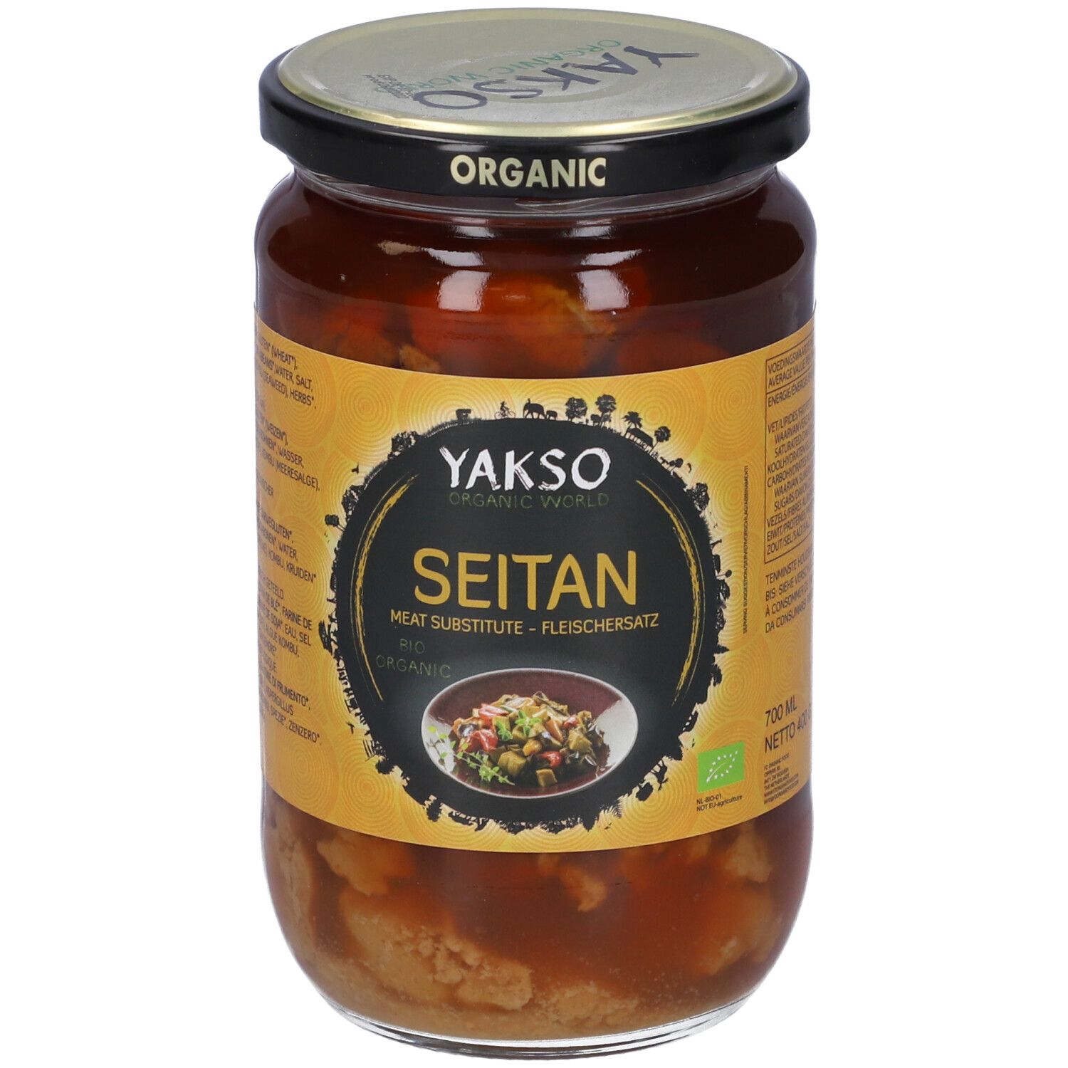 Vasetto Yakso Seitan Bio. Etichetta con informazioni sul prodotto. Visibile: Seitan, sostituto della carne, Organic World.