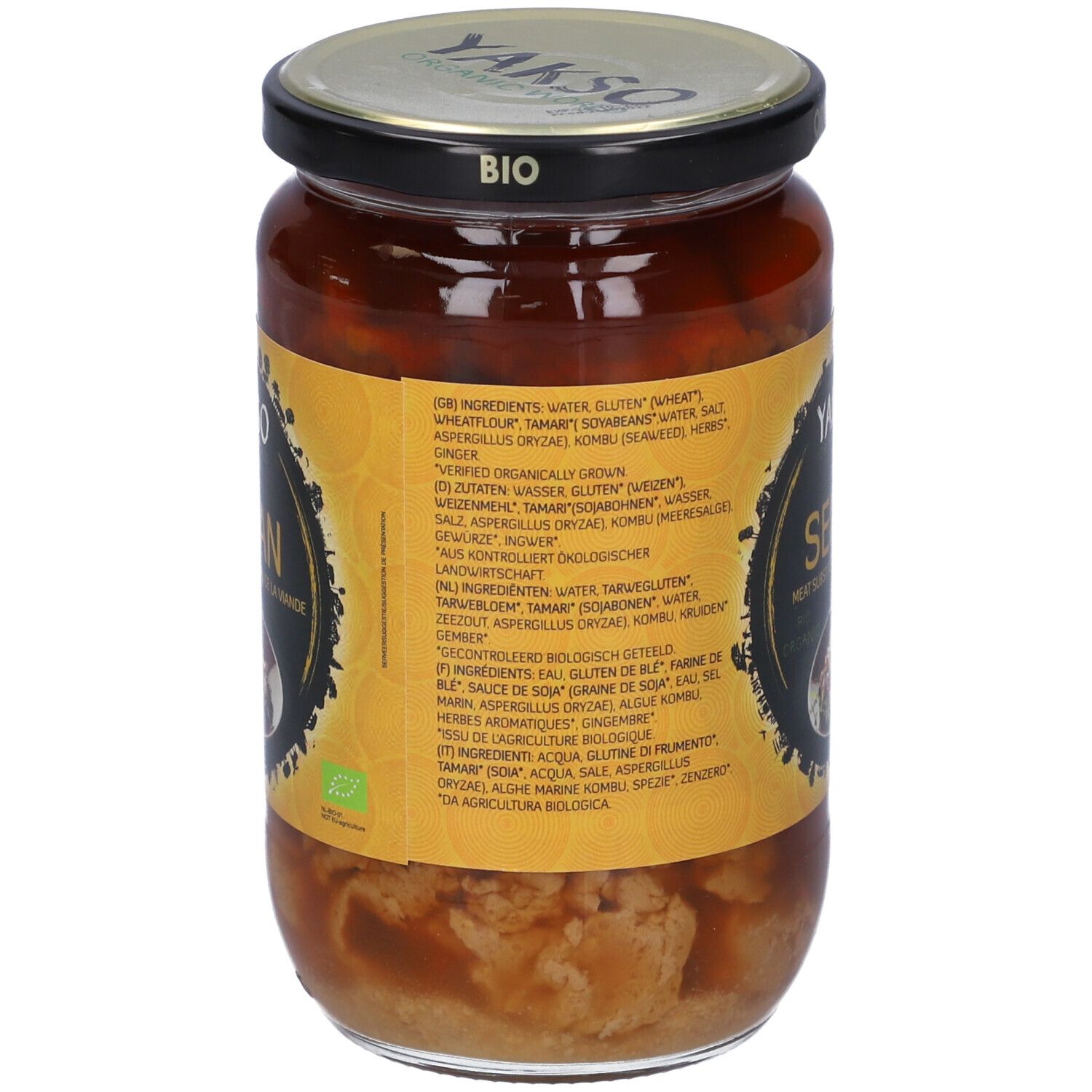 Retro del vasetto Yakso Seitan Bio. Elenco ingredienti e informazioni nutrizionali. Sigillo bio.