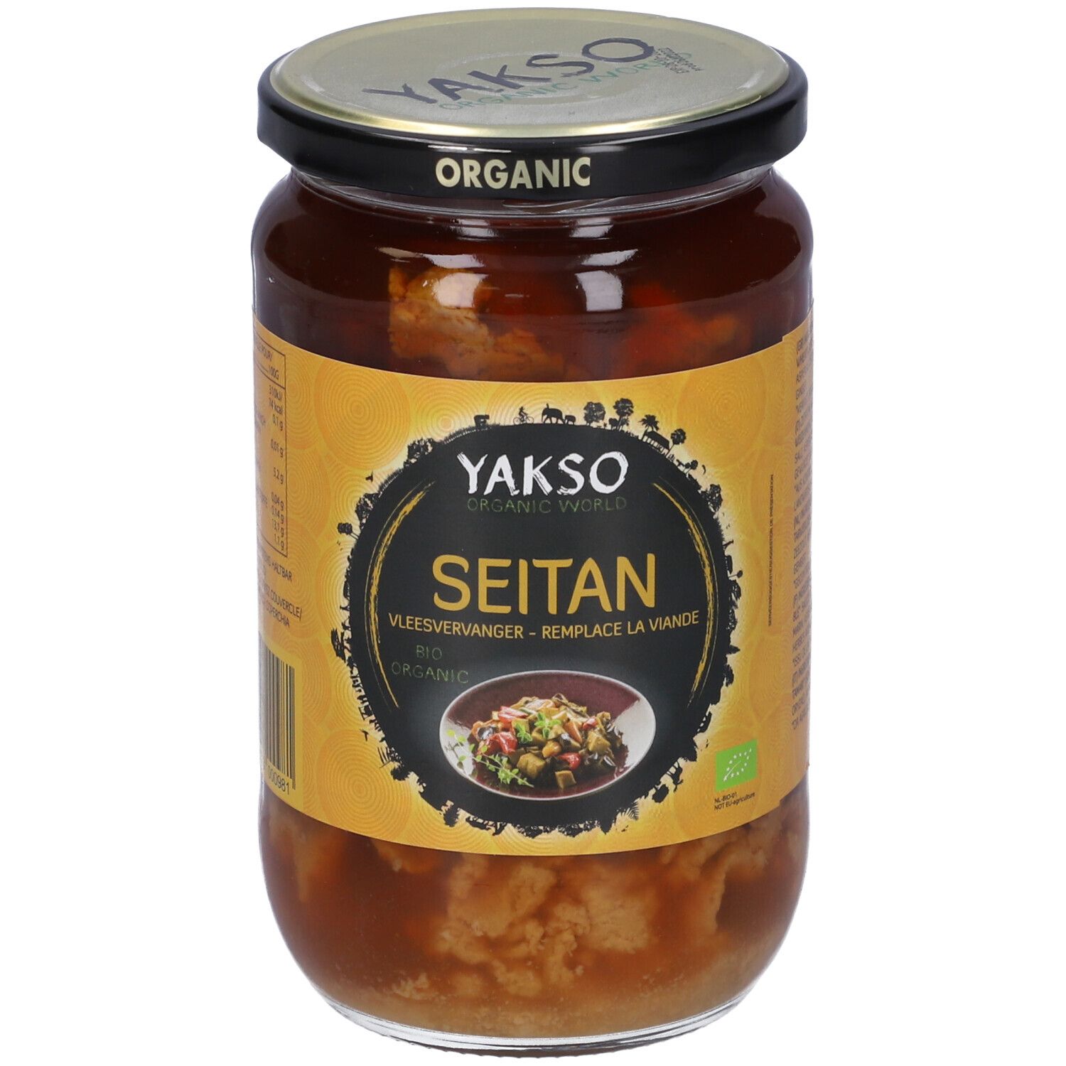 Vasetto Yakso Seitan Bio. Etichetta con informazioni sul prodotto. Visibile: Seitan, sostituto della carne, Bio Organic.