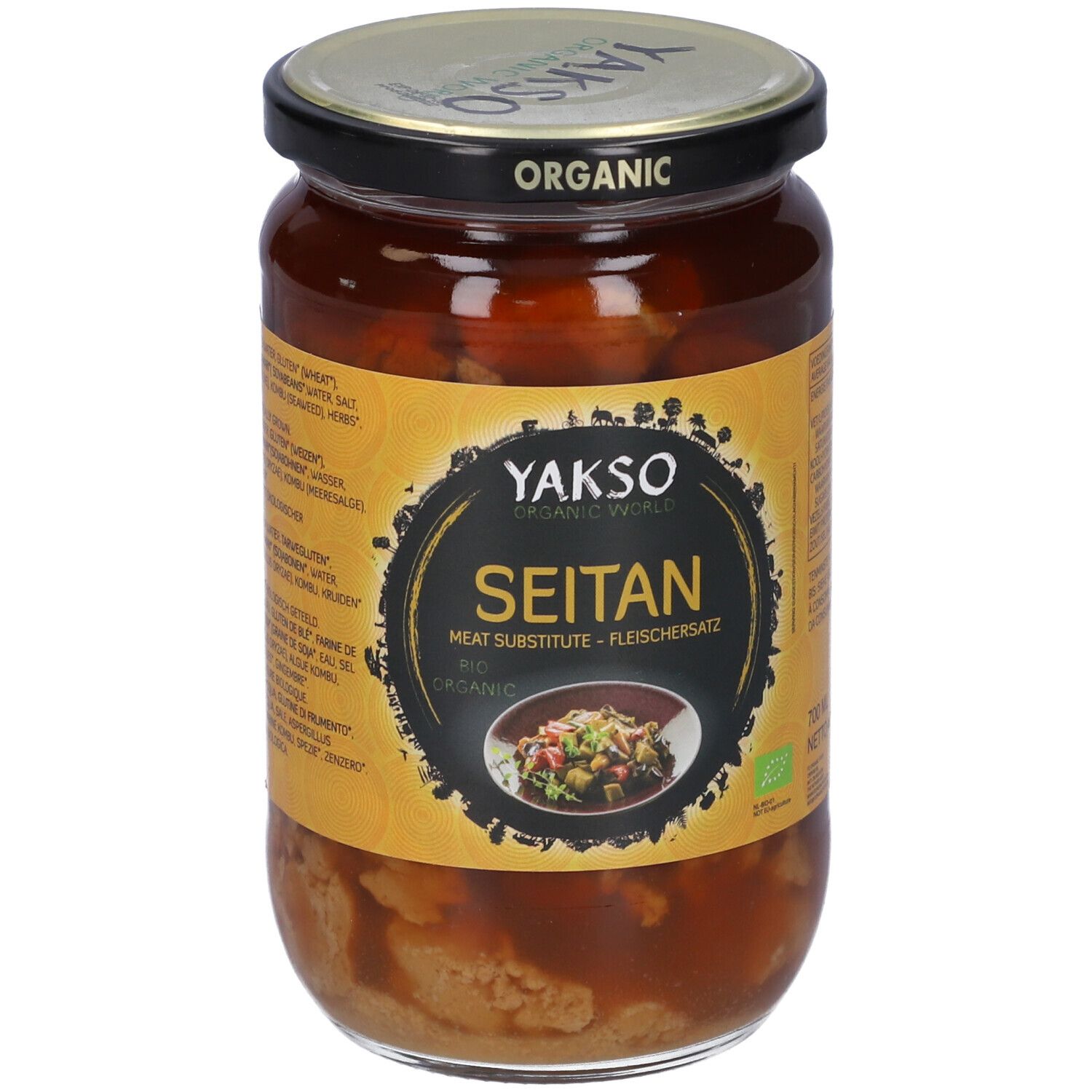 Vasetto Yakso Seitan Bio. Etichetta con informazioni sul prodotto. Visibile: Seitan, sostituto della carne, Bio Organic.