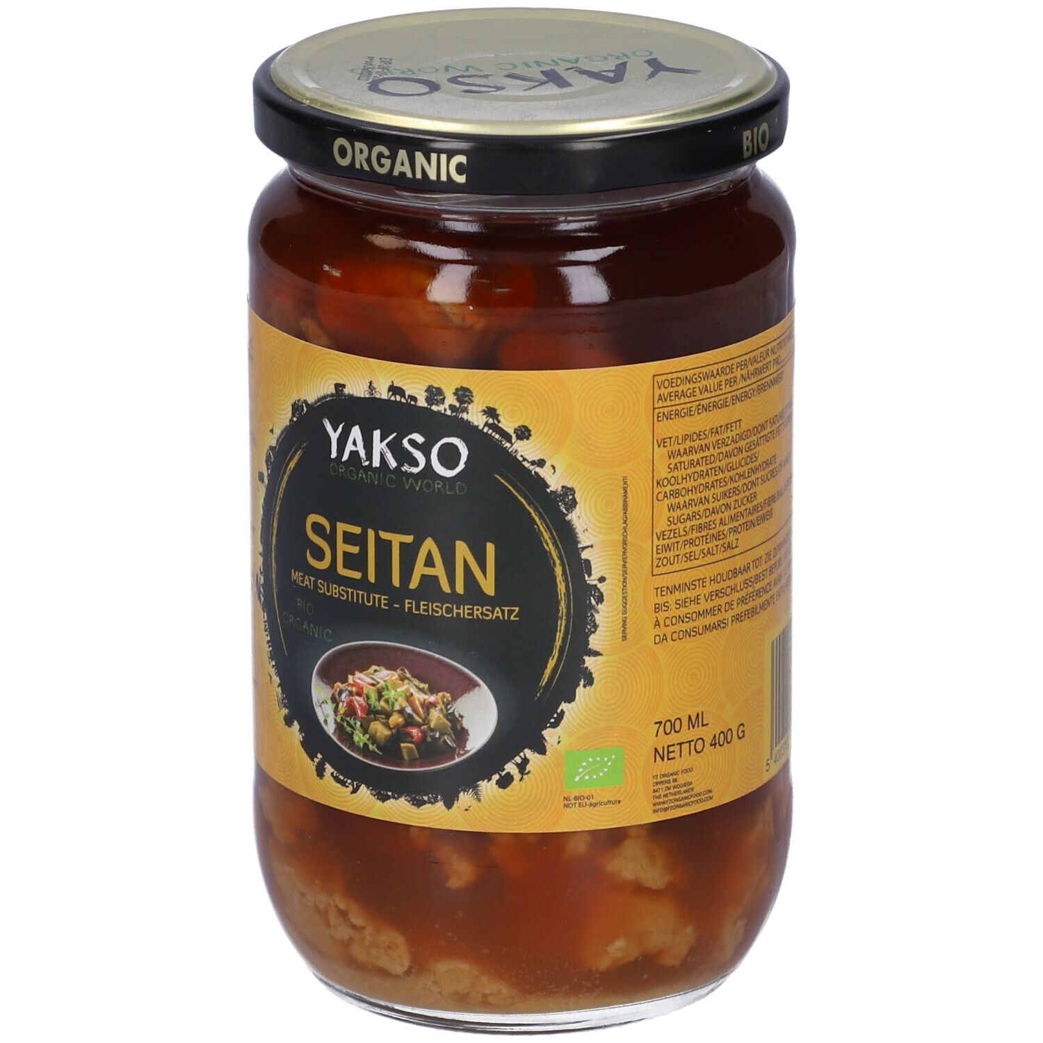 Vasetto Yakso Seitan Bio. Etichetta con informazioni sul prodotto. Visibile: Seitan, 700 ml, 400 g netto.