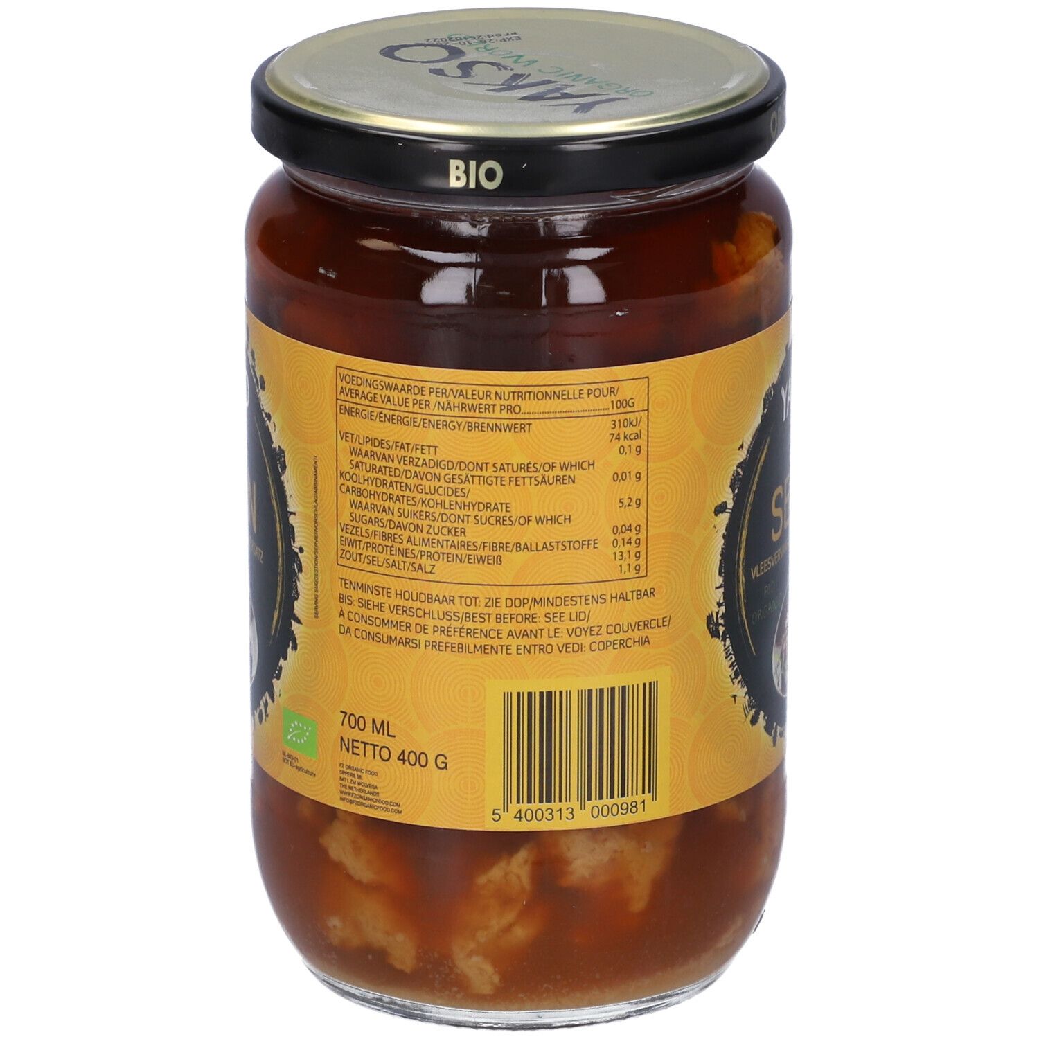 Retro del vasetto Yakso Seitan Bio. Informazioni nutrizionali, elenco ingredienti, sigillo bio, 700 ml, 400 g netto.