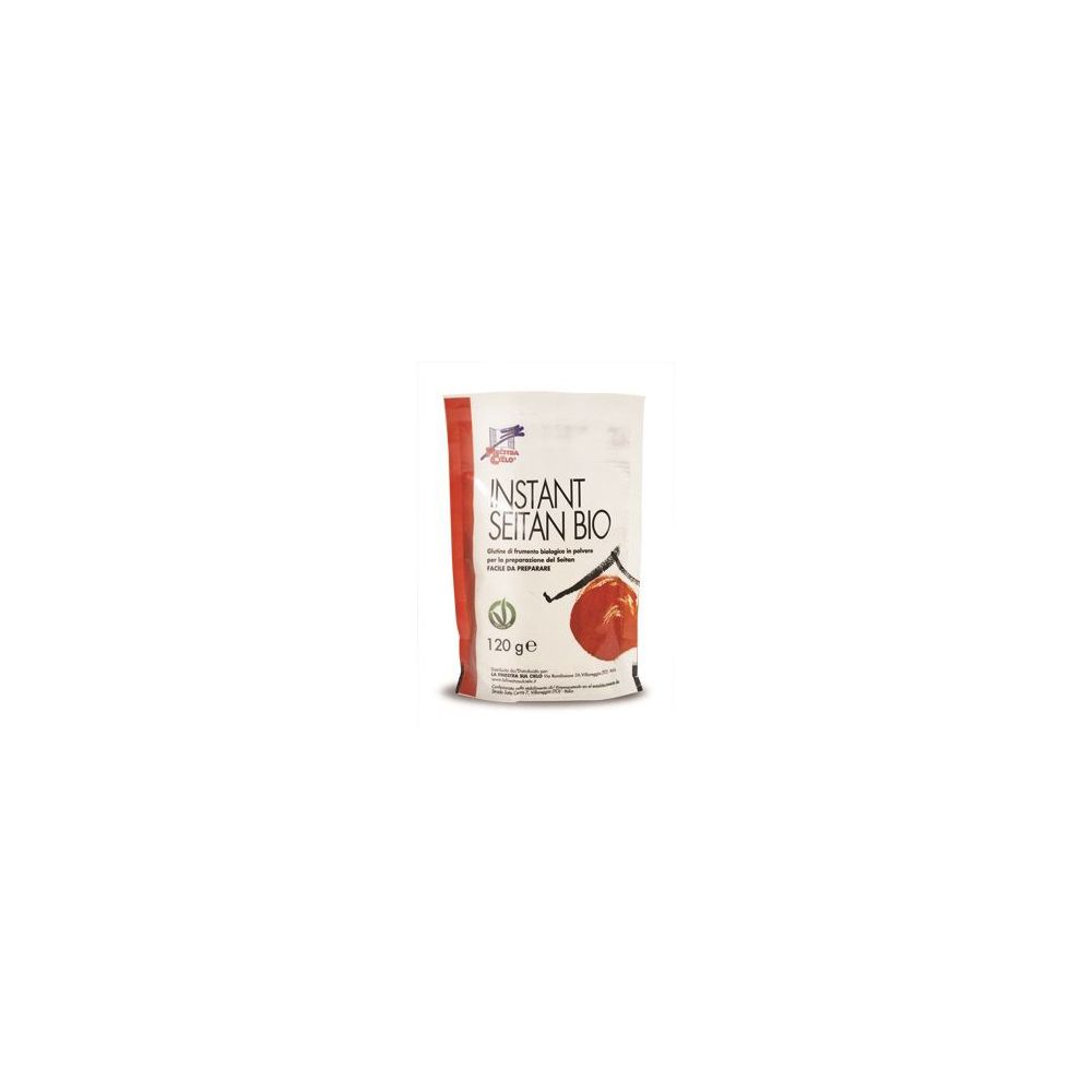 Busta con bordo rosso. Scritta: INSTANT SEITAN BIO. Logo vegano. 120 g.