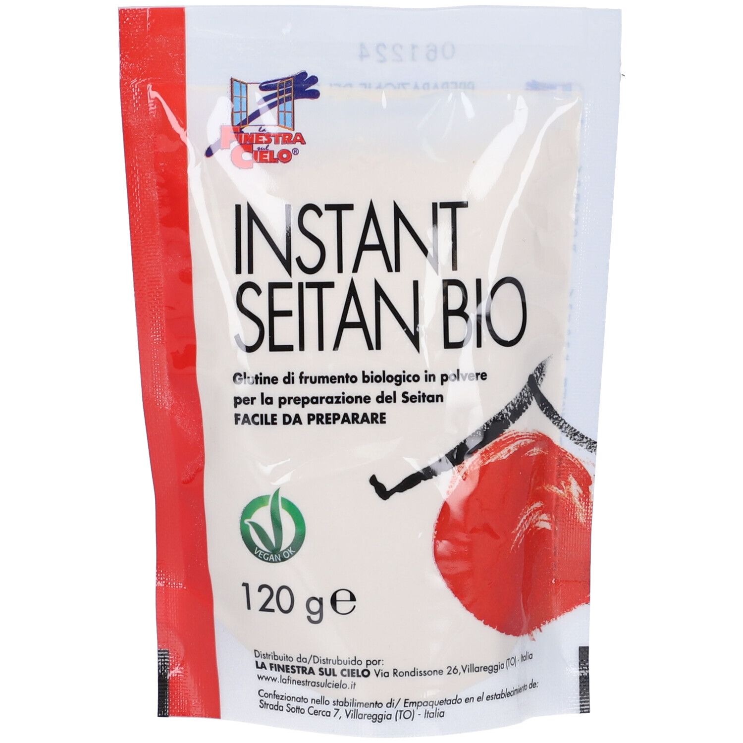 Confezione trasparente con scritta: INSTANT SEITAN BIO. Logo vegano. 120 g.