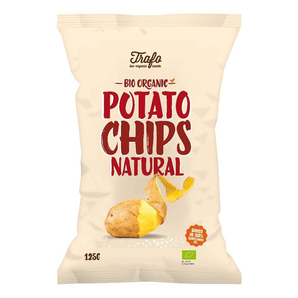 Confezione di patatine. Scritta: Trafo Bio Organic Potato Chips Natural. Certificazione bio. Patata con buccia.