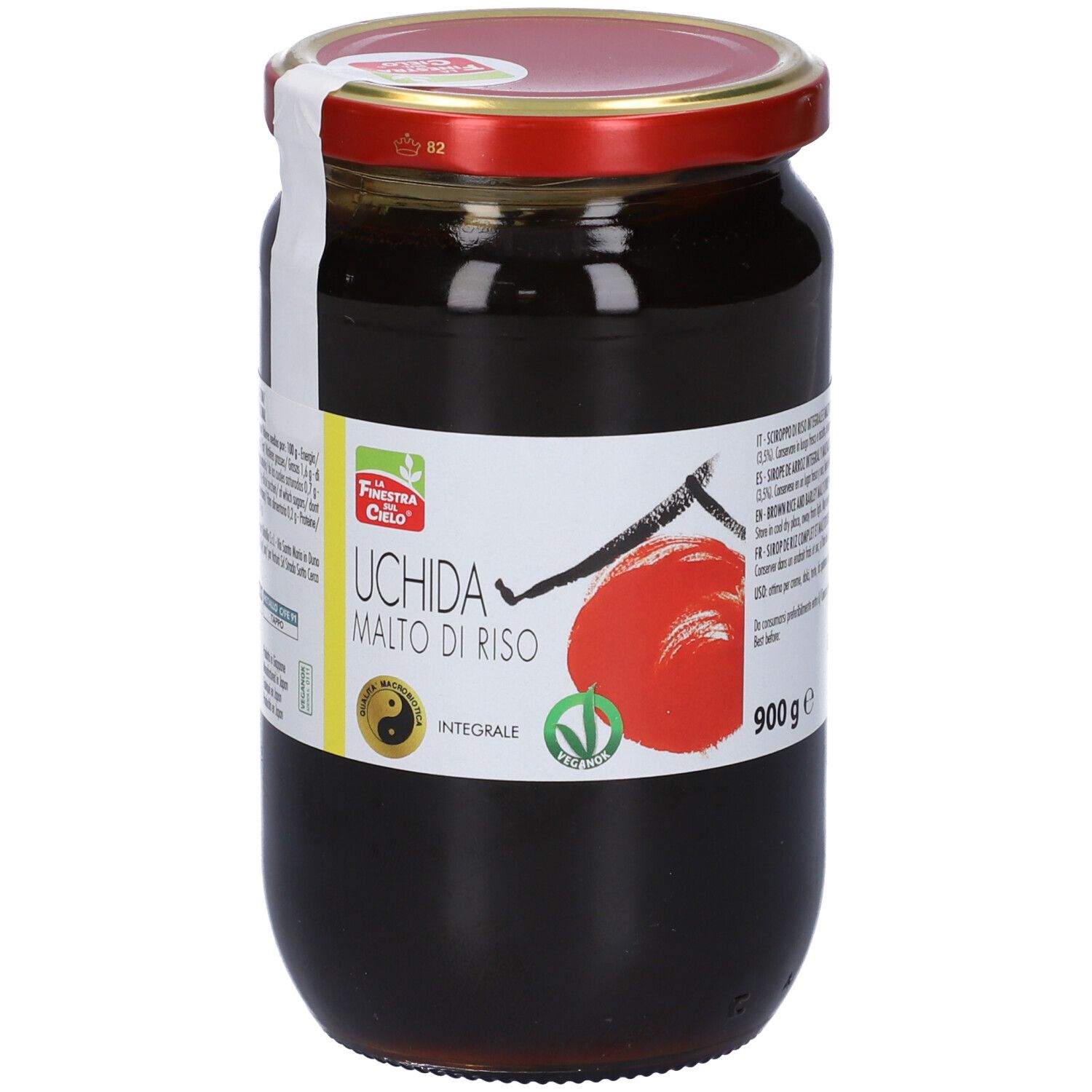 Vaso con coperchio rosso ed etichetta. Scritta: Uchida Malto di Riso, 900 g. Sigillo.