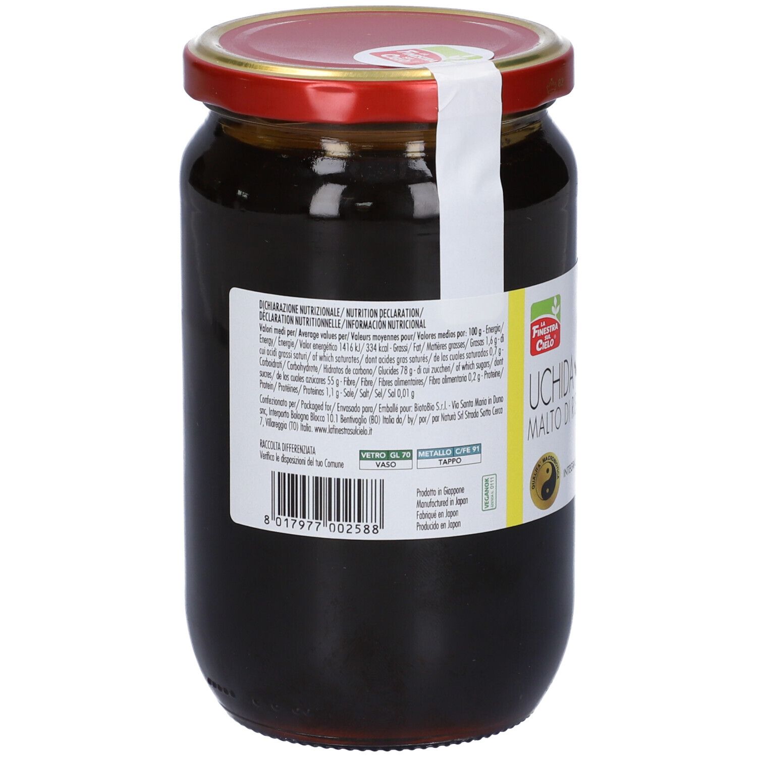 Vaso con coperchio rosso ed etichetta. Scritta: Uchida Malto di Riso, 900 g. Sigillo.