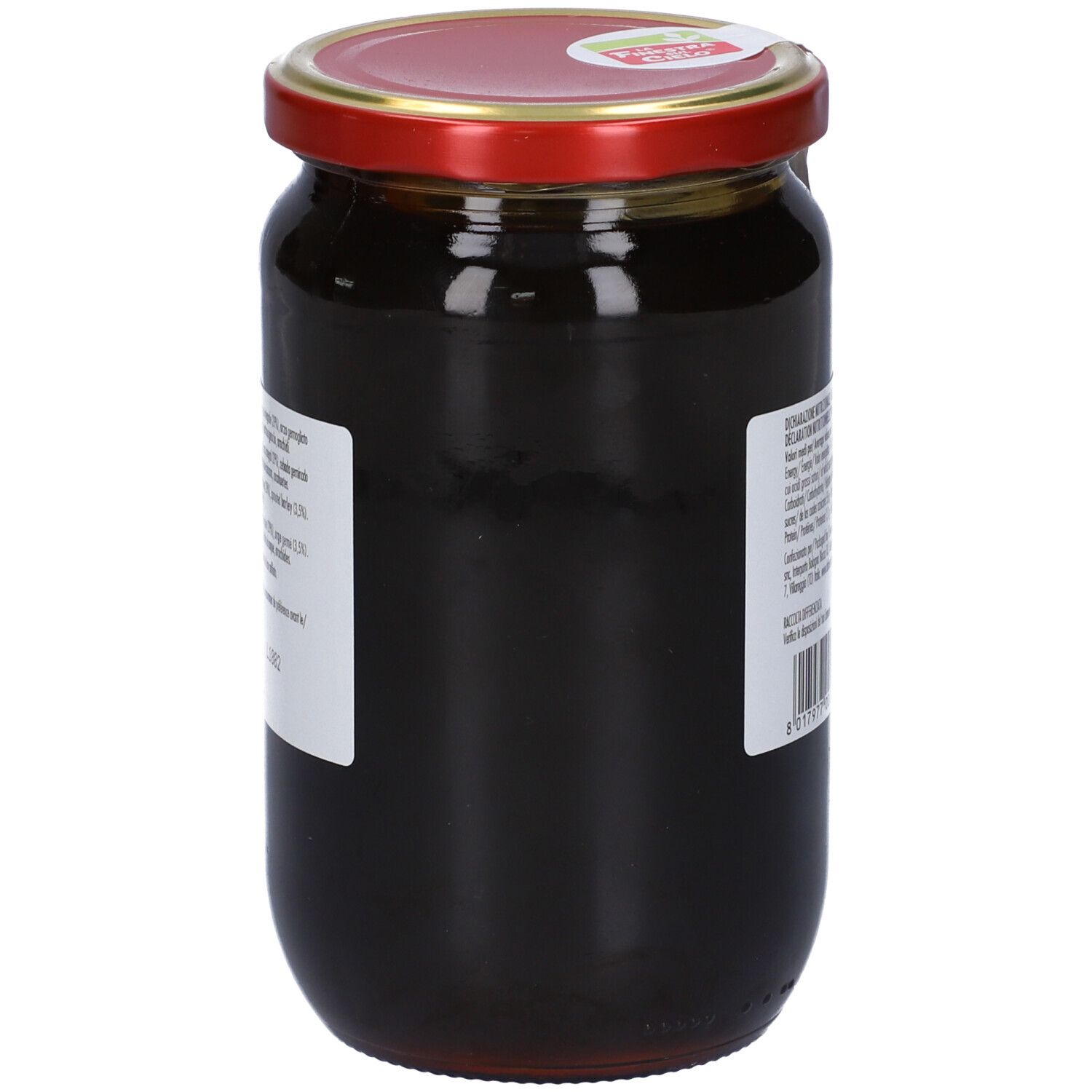 Vaso con coperchio rosso ed etichetta. Scritta: Uchida Malto di Riso, 900 g.