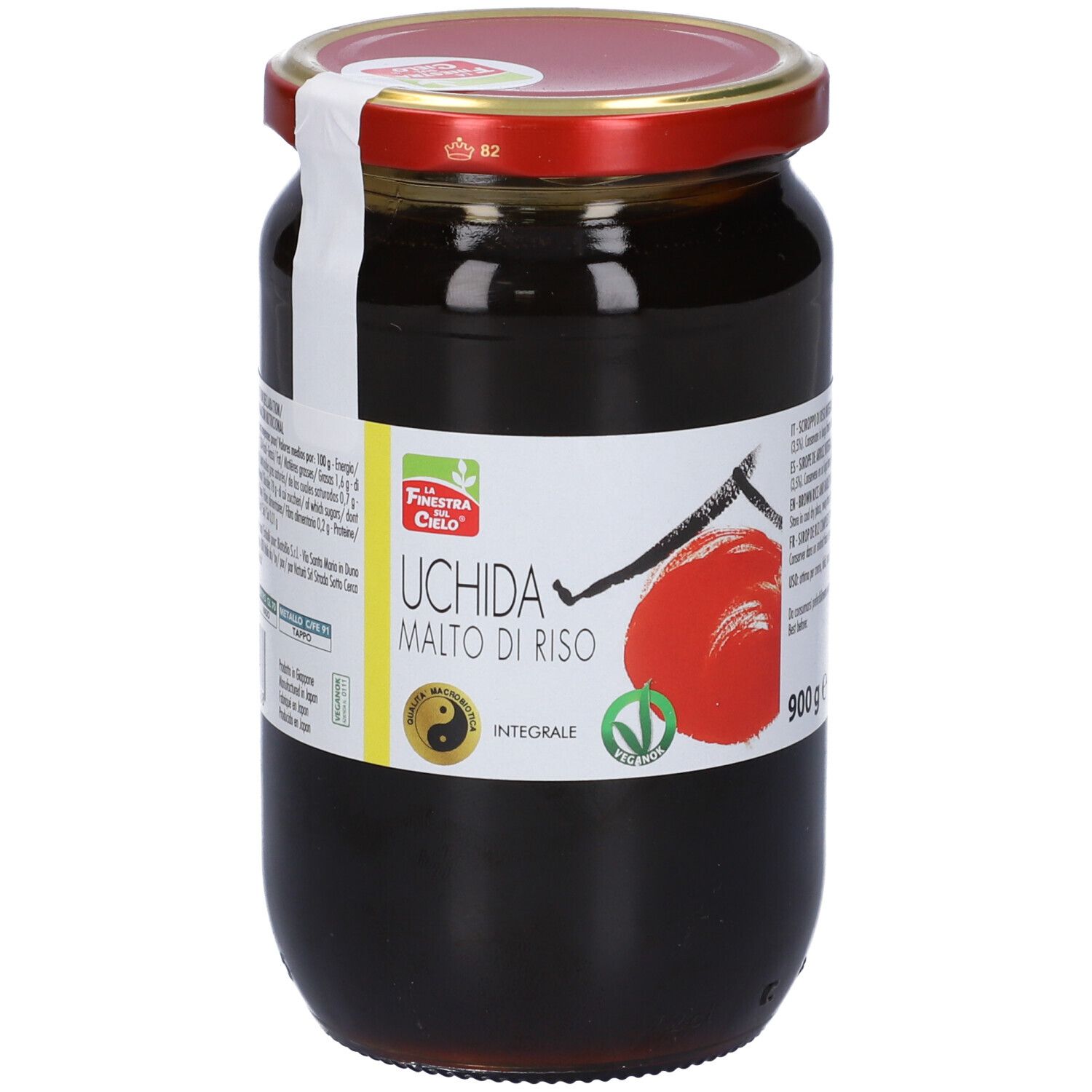 Vaso con coperchio rosso ed etichetta. Scritta: Uchida Malto di Riso, 900 g. Sigillo.